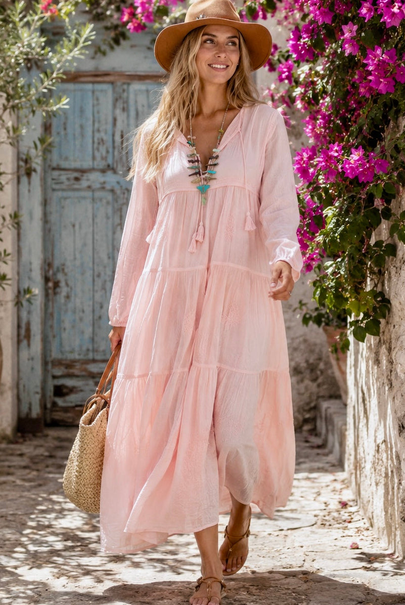 Mylene Hand Embroidered Maxi Dress Long SleevesWith Tassels Peach