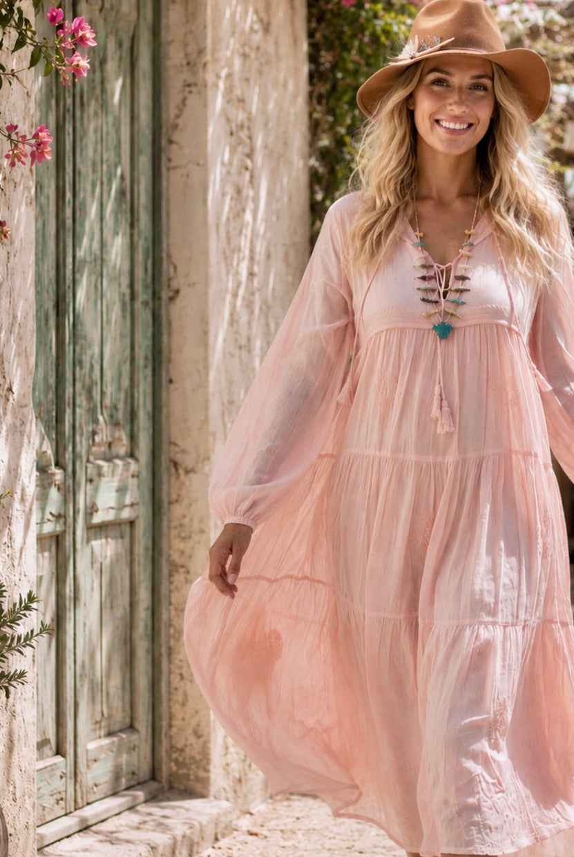 Mylene Hand Embroidered Maxi Dress Long SleevesWith Tassels Peach