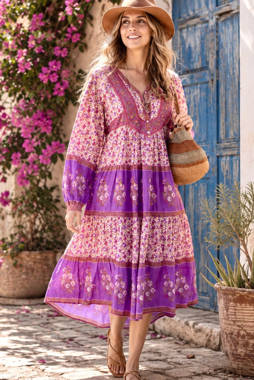 Marilou Printed Midi Dress Long Sleeves Pink