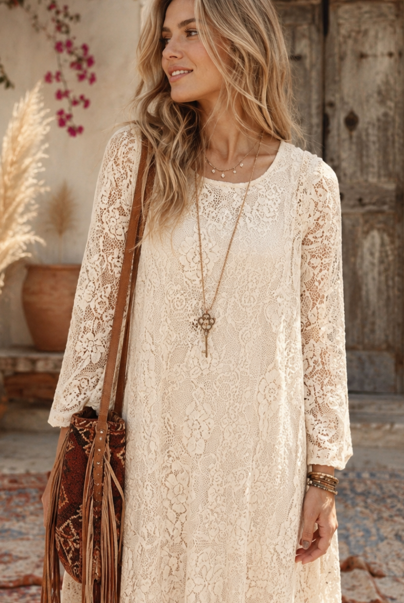 Ibiza Lace Maxi Dress or Duster With Long Sleeves Natural