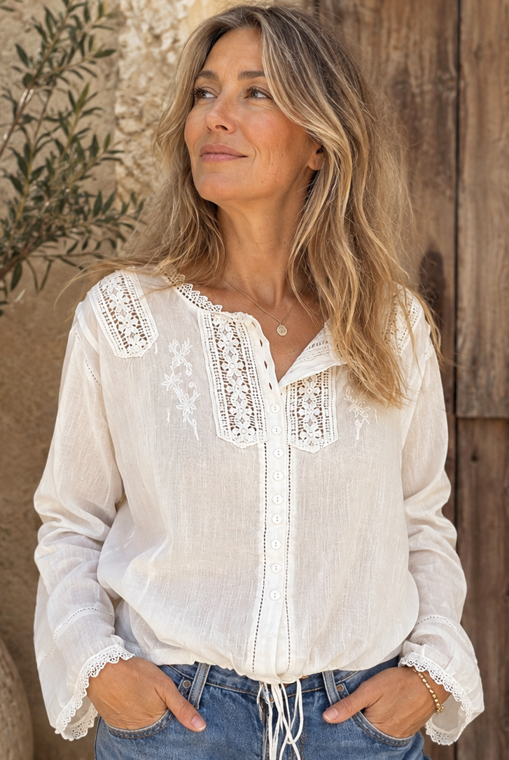 Shirley Embroidered Long Sleeves Blouse With Lace Natural