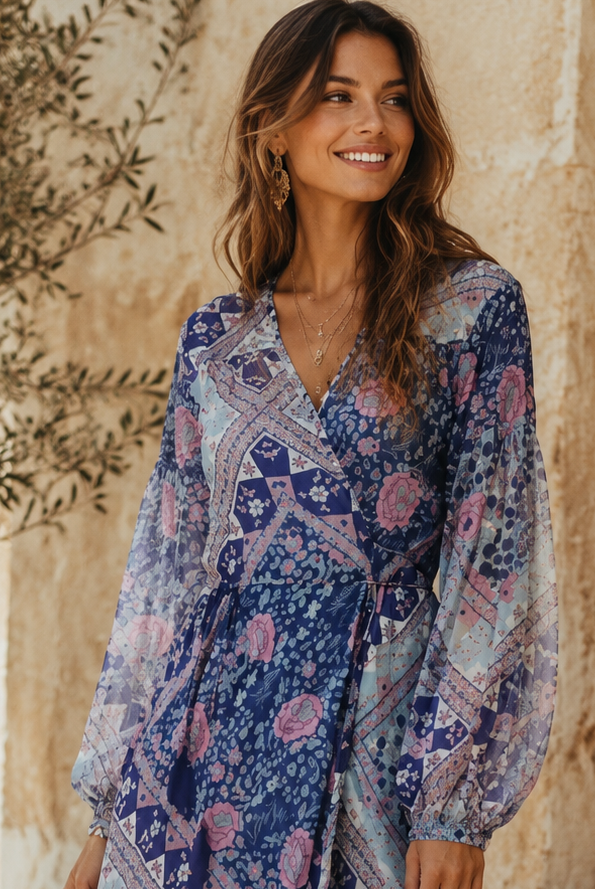 Naomi Printed Maxi Wrap Dress Long Sleeves Blue