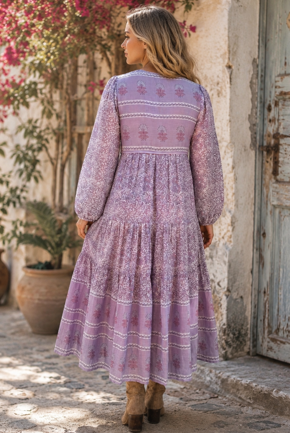 Kayla Printed Long Dress With Tassels Lilac
