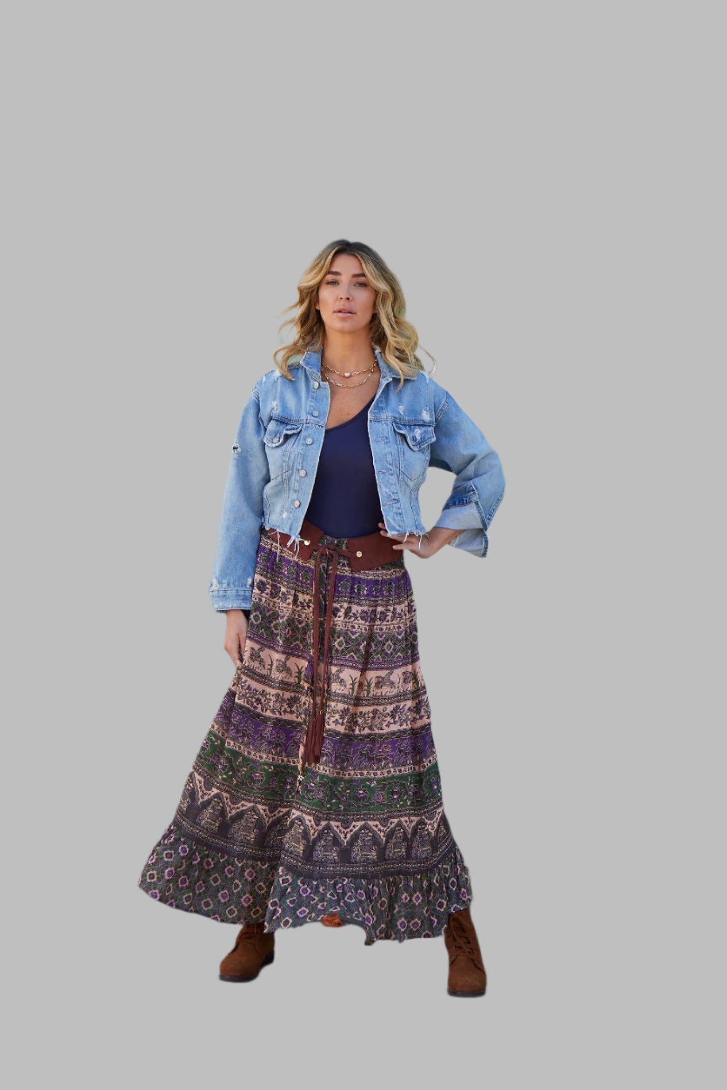 Luna Printed Long Skirt Green/Purple With Lurex