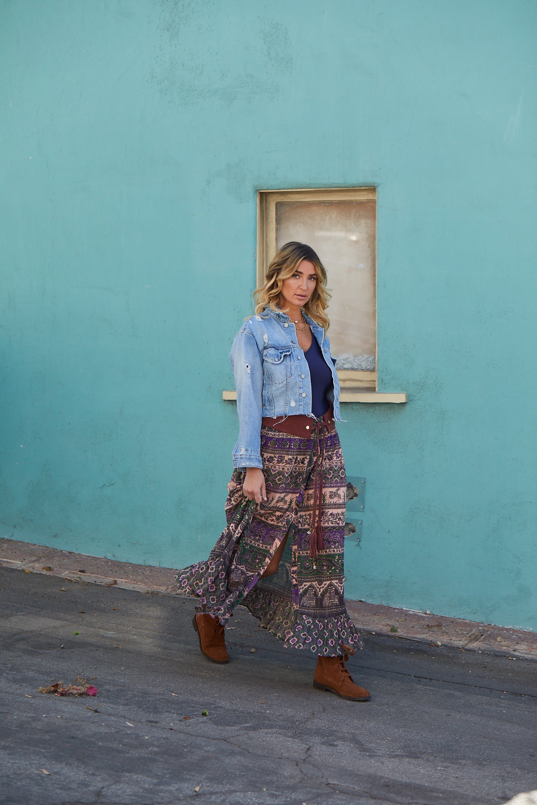 Luna Printed Long Skirt Green/Purple With Lurex