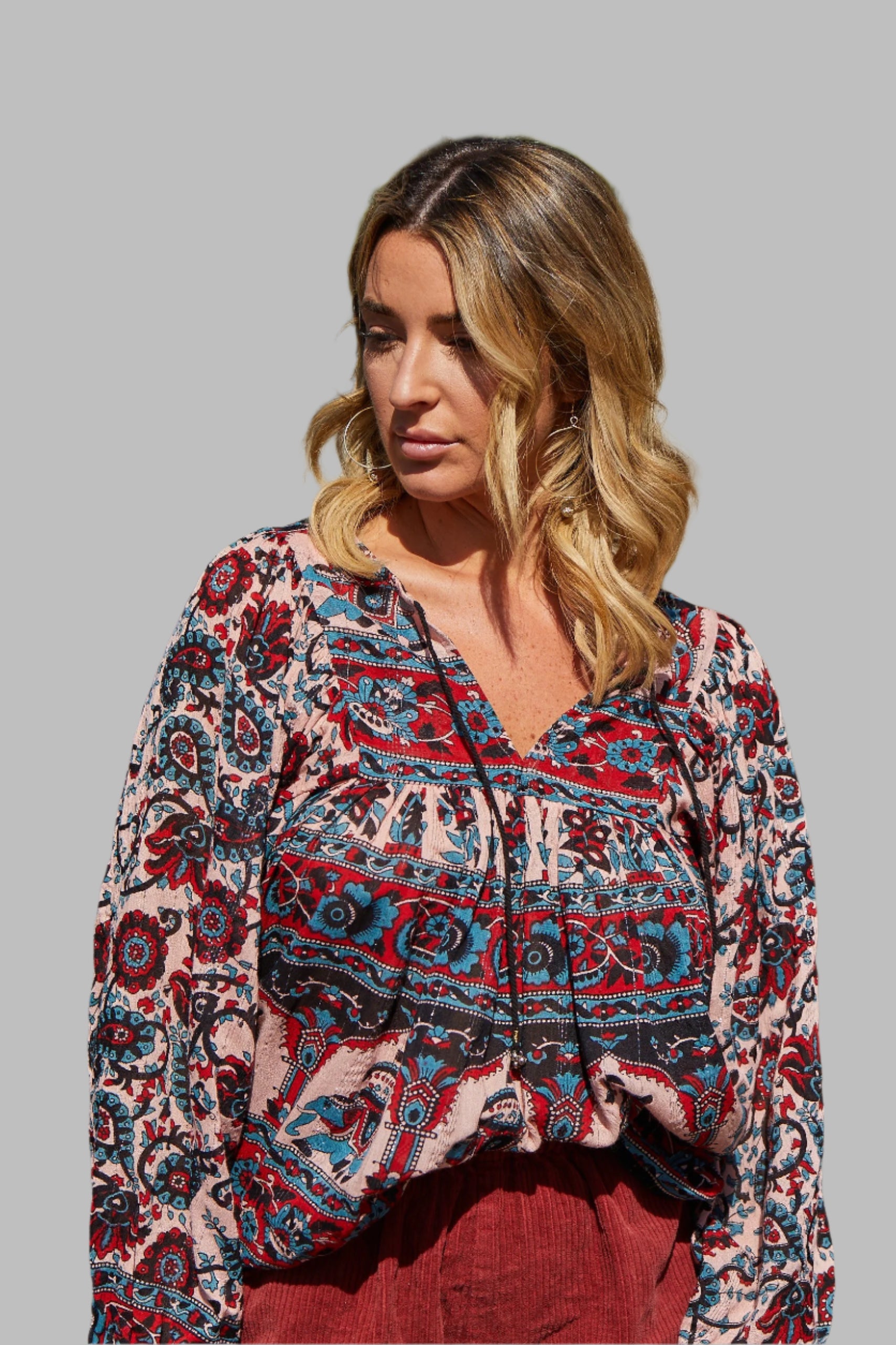 Luna Printed Blouse Blue/Red With Lurex Red Blue