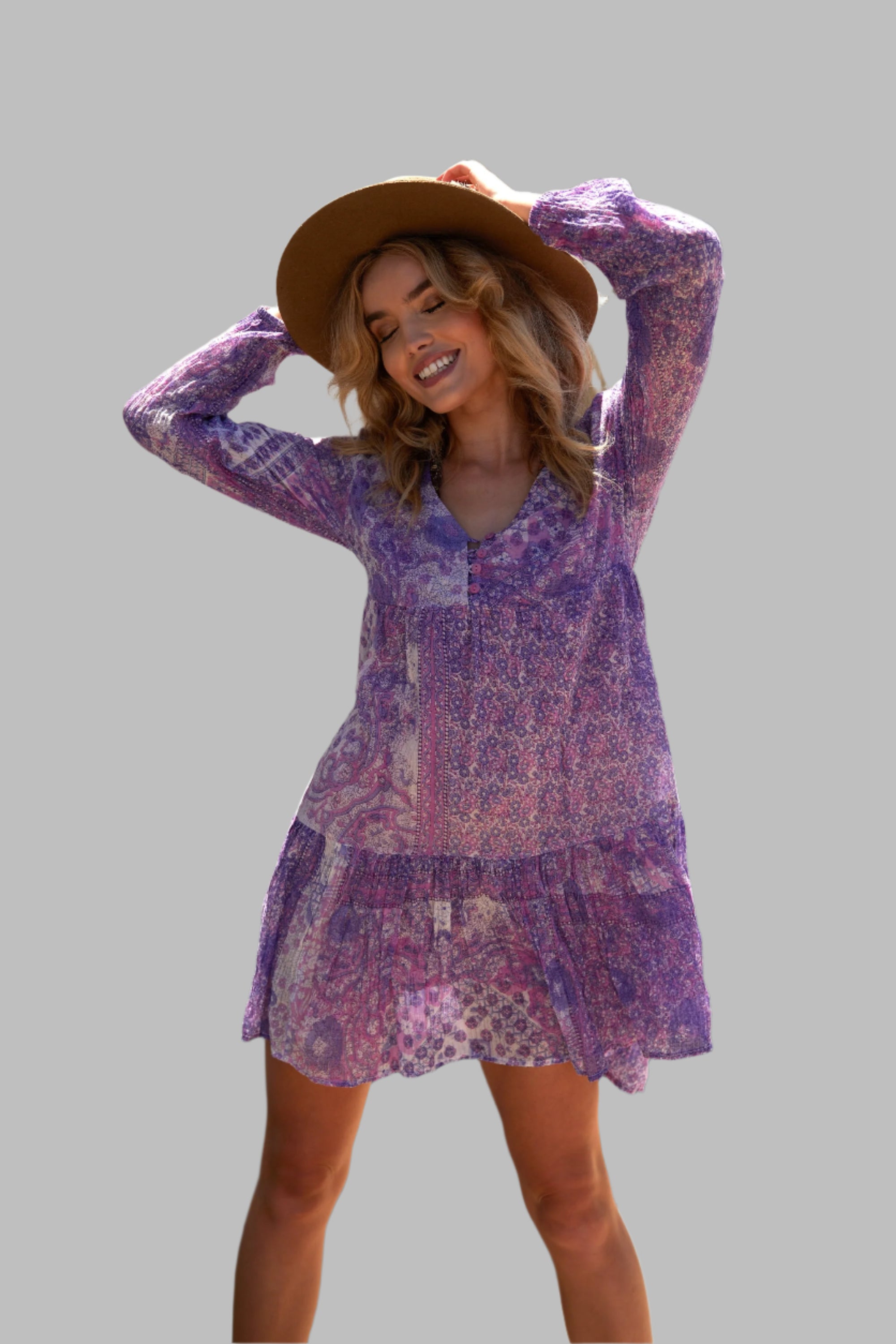 Nathalie Printed Short Dress Purple with Lurex