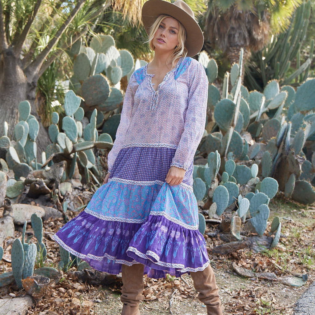 Cora Printed Midi Dress Long Sleeves Patchwork Purple S M