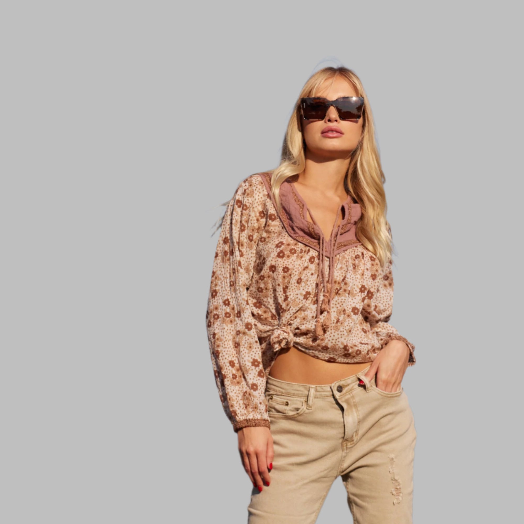 Charlotte Printed Blouse Long Sleeves With Tassels Camel