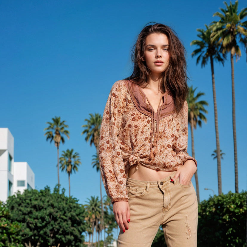 Charlotte Printed Blouse Long Sleeves With Tassels Camel