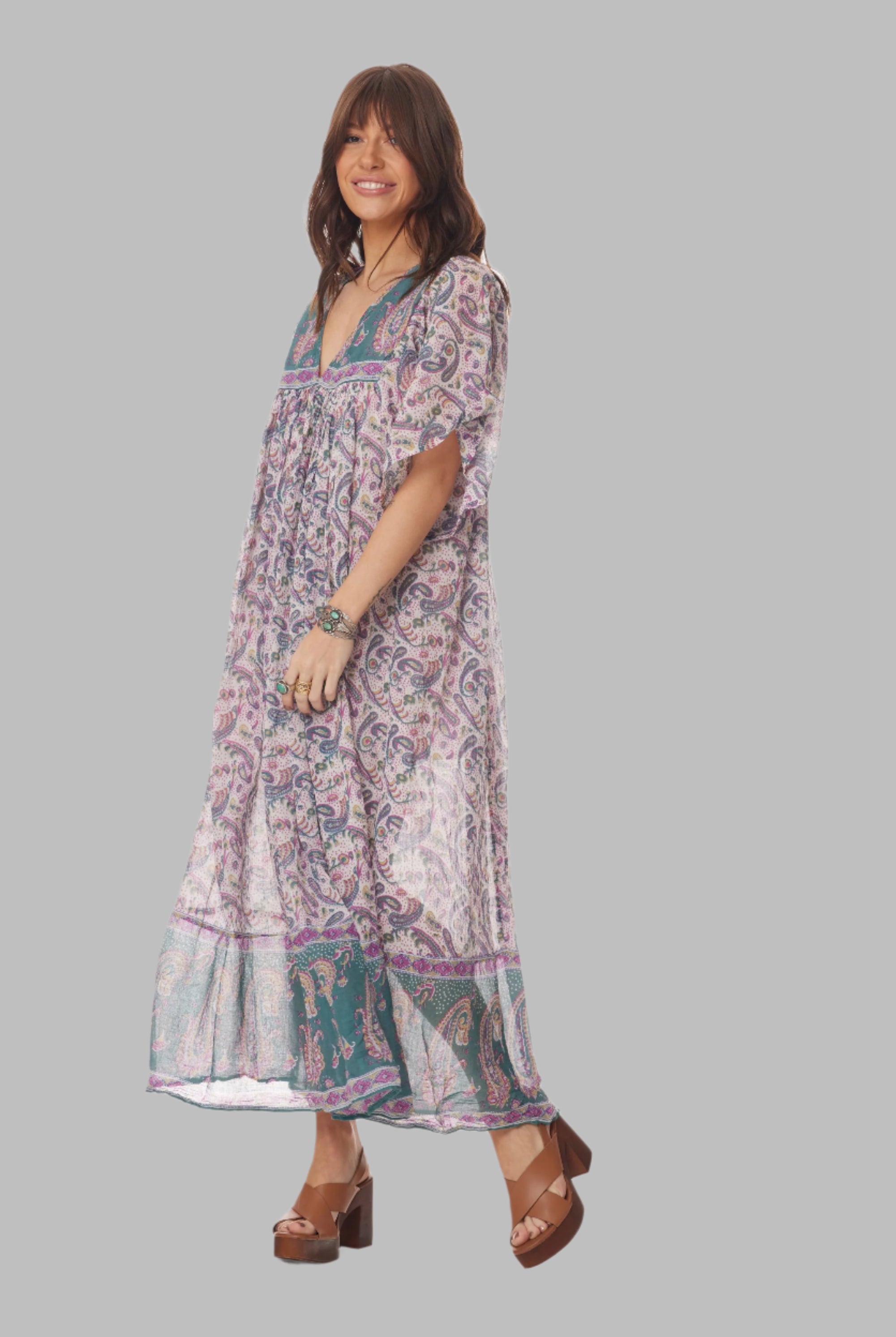 Petal Printed Long Dress Teal