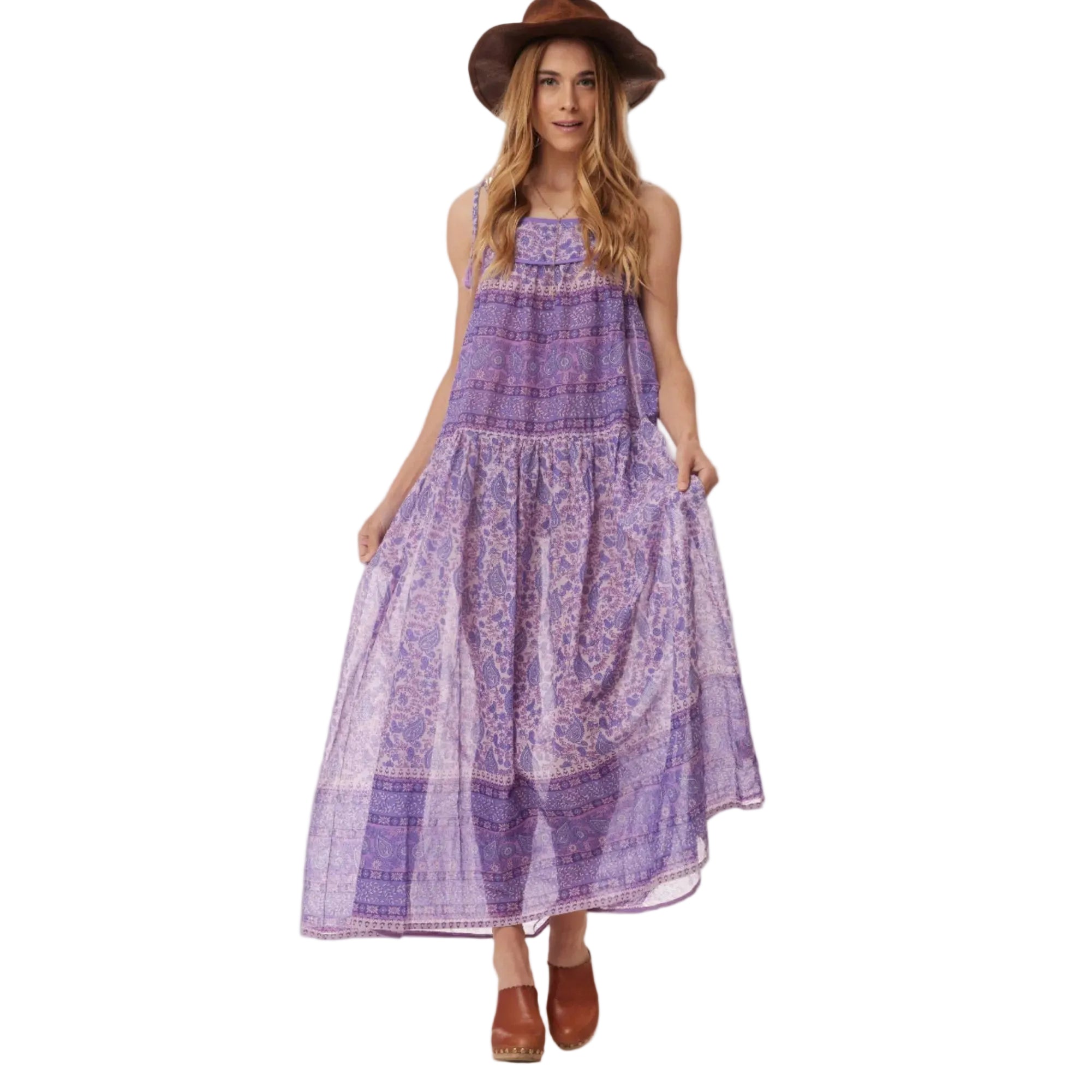 Betsy Printed Maxi Tank Dress With Tassels Lavender