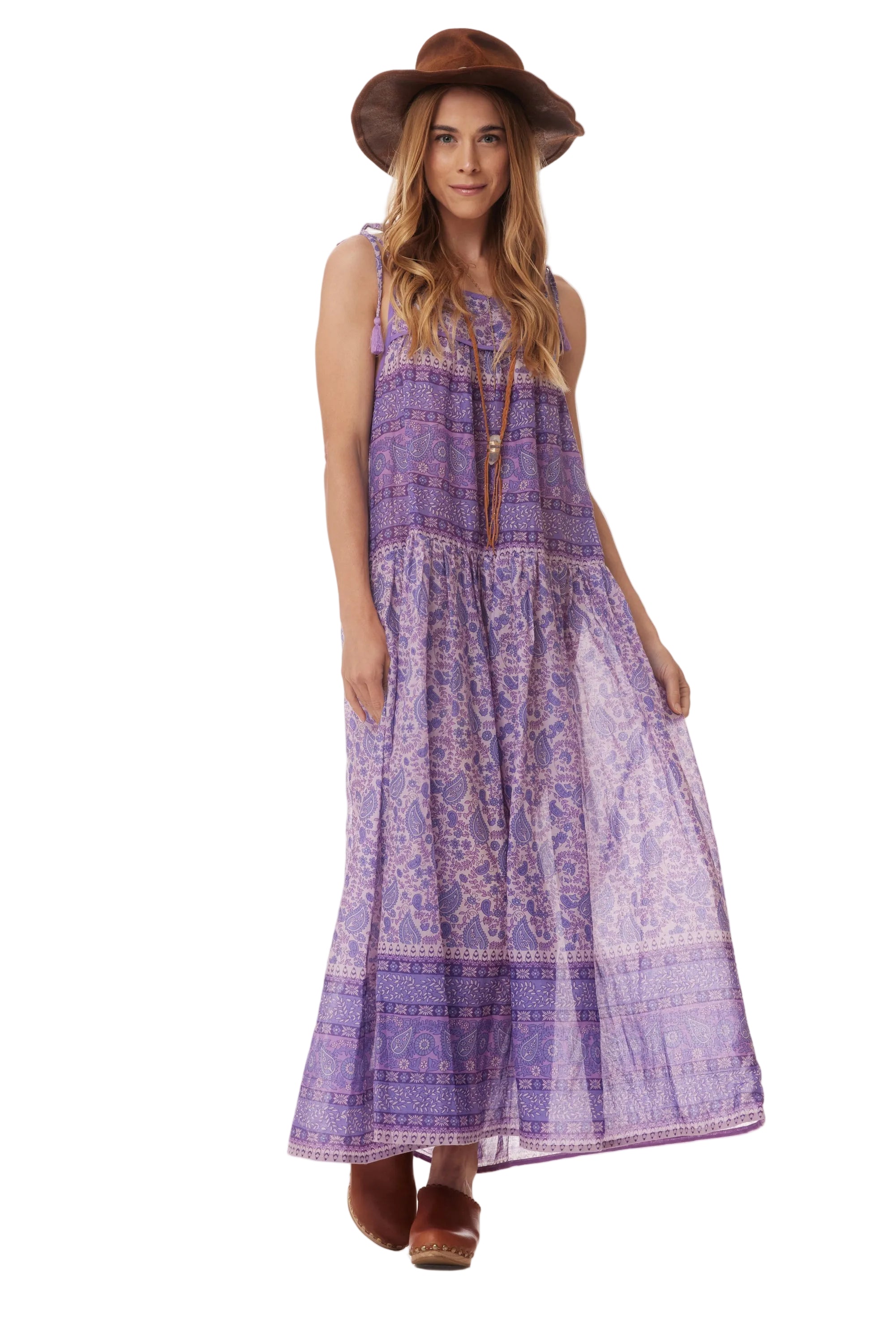 Betsy Printed Maxi Tank Dress With Tassels Lavender