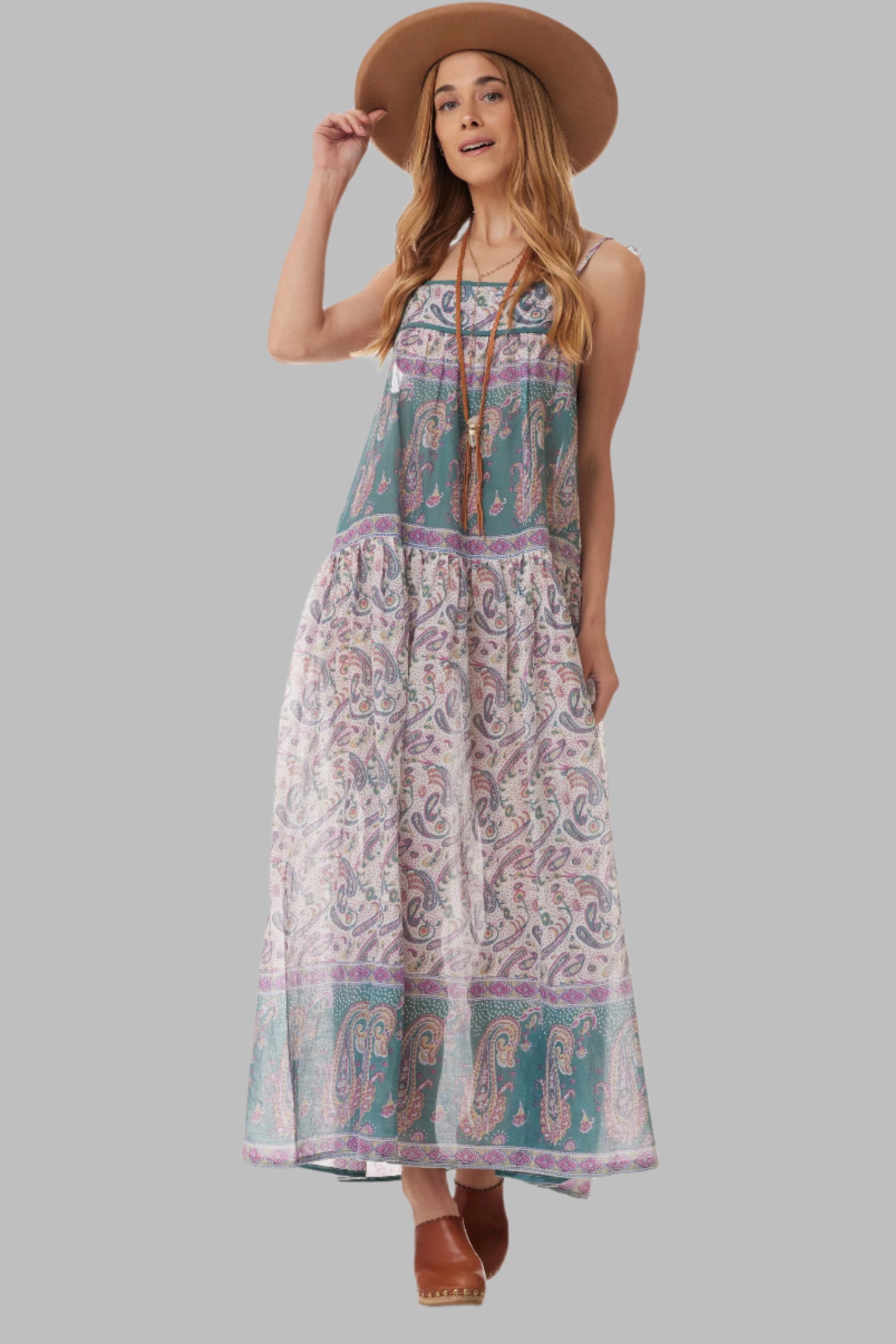 Betsy Printed Maxi Tank Dress With Tassels Teal
