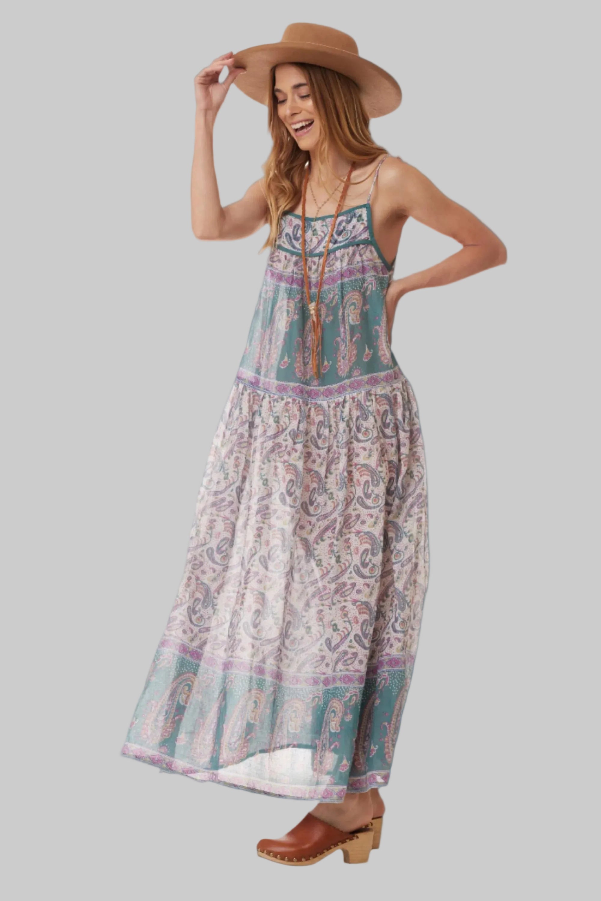 Betsy Printed Maxi Tank Dress With Tassels Teal