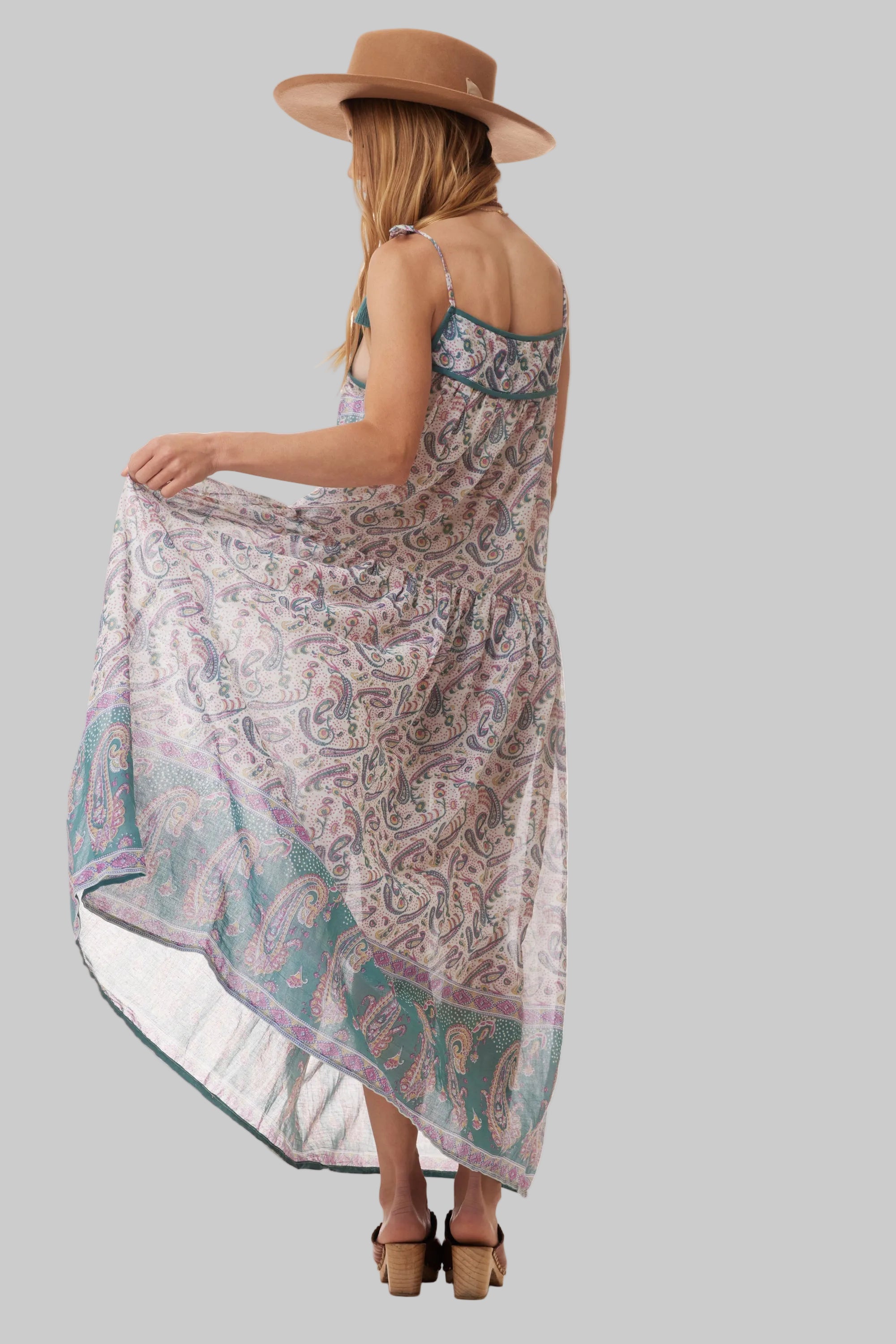 Betsy Printed Maxi Tank Dress With Tassels Teal