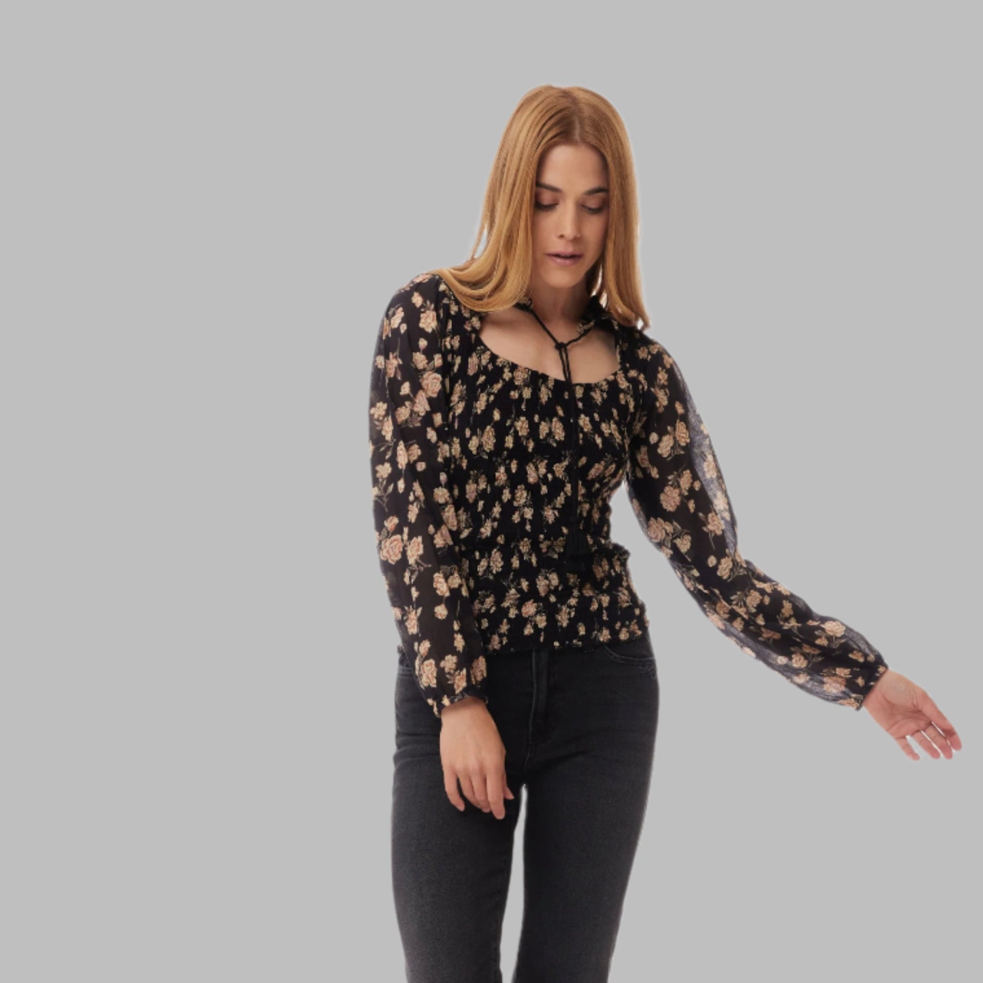 Morgan Printed Blouse Long Sleeves With Open Collar Black Rose