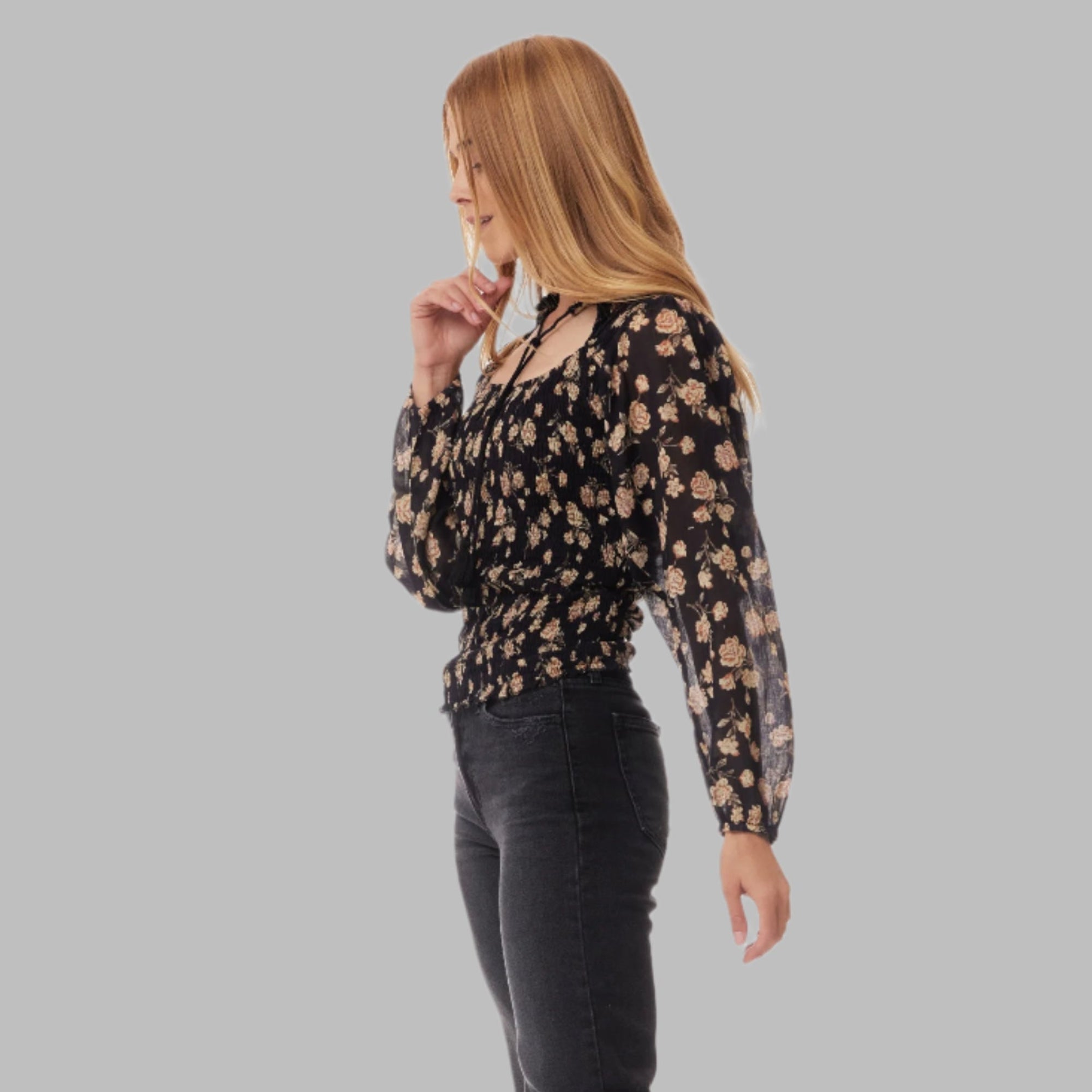 Morgan Printed Blouse Long Sleeves With Open Collar Black Rose