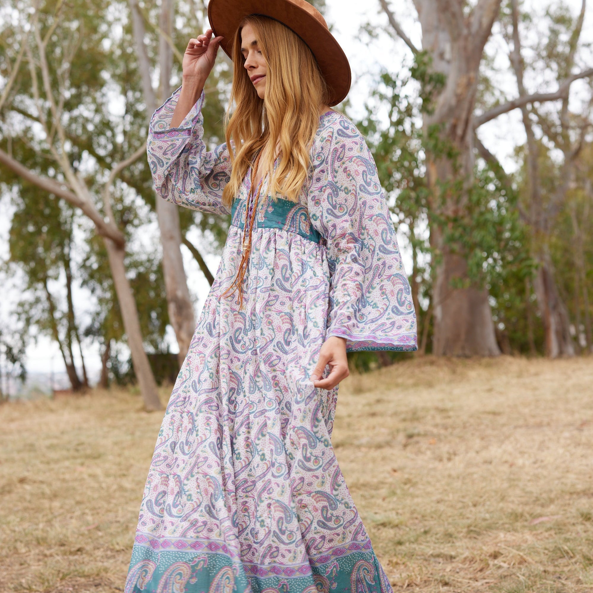 Jade Printed Maxi Dress With Butterfly Sleeves Teal S M