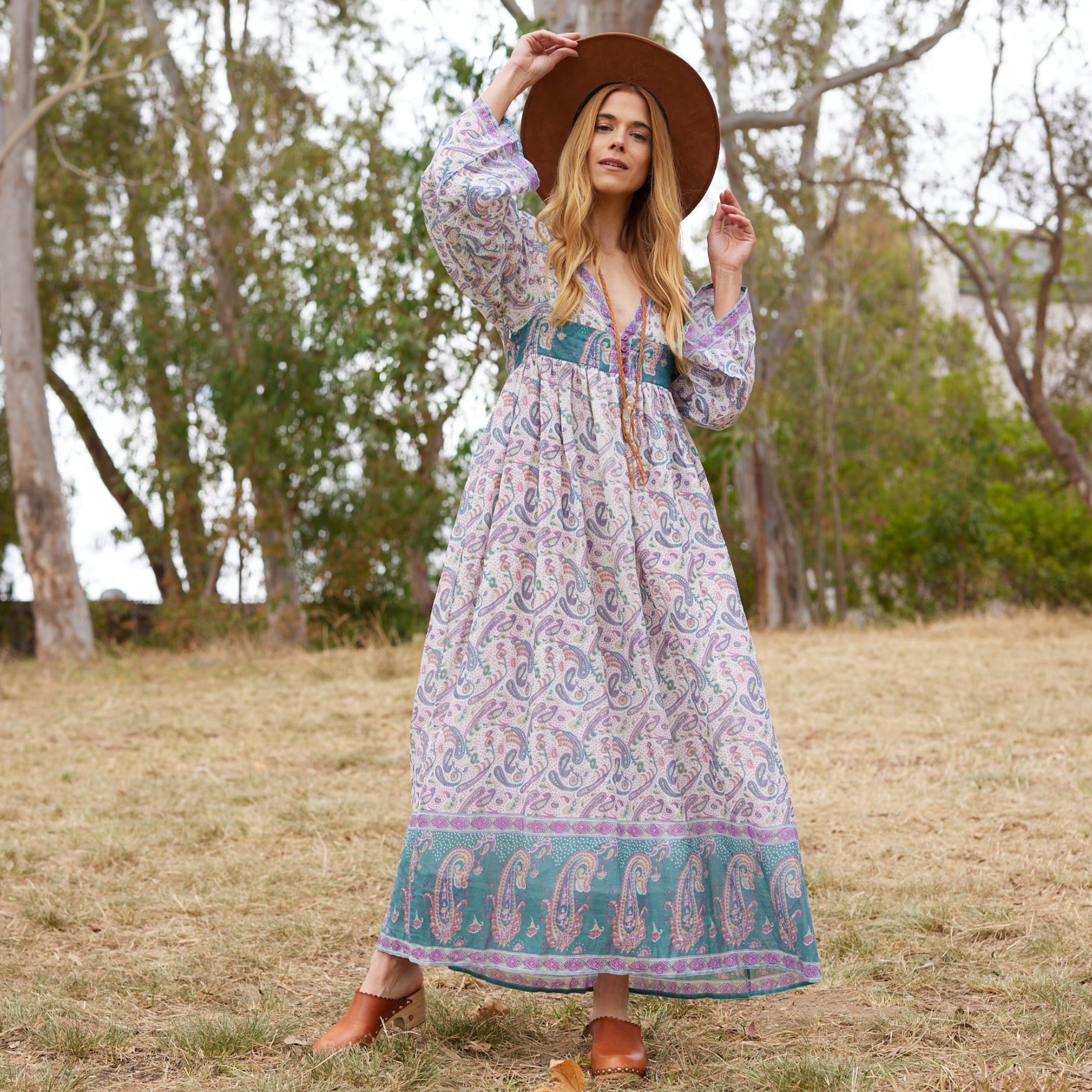 Jade Printed Maxi Dress With Butterfly Sleeves Teal
