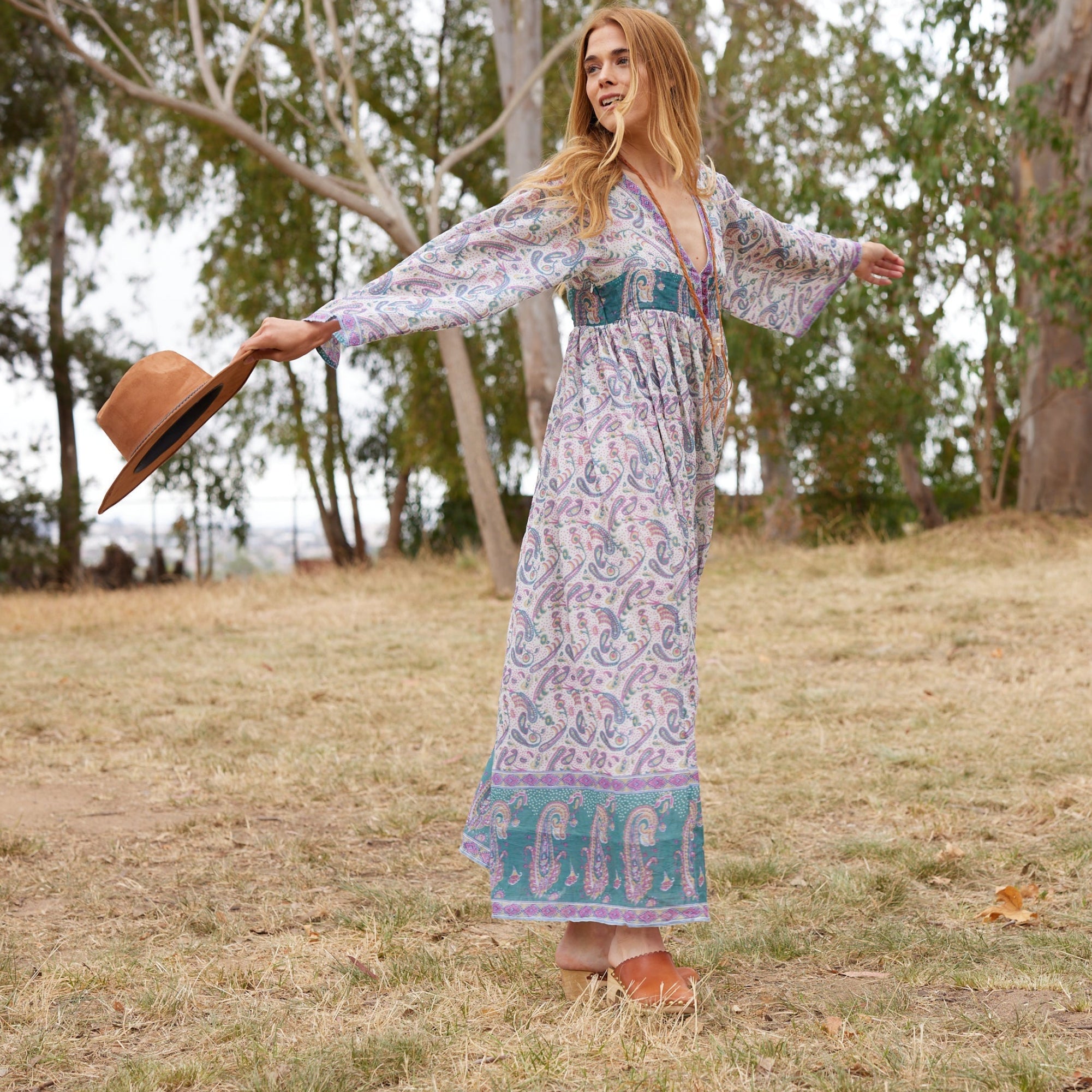 Jade Printed Maxi Dress With Butterfly Sleeves Teal