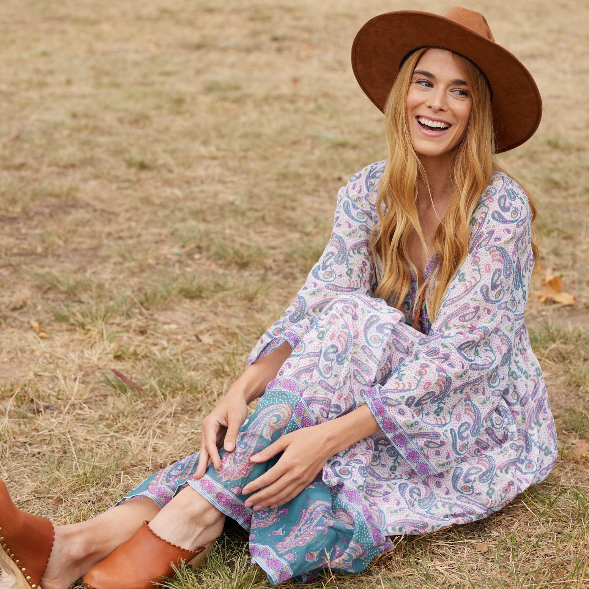Jade Printed Maxi Dress With Butterfly Sleeves Teal