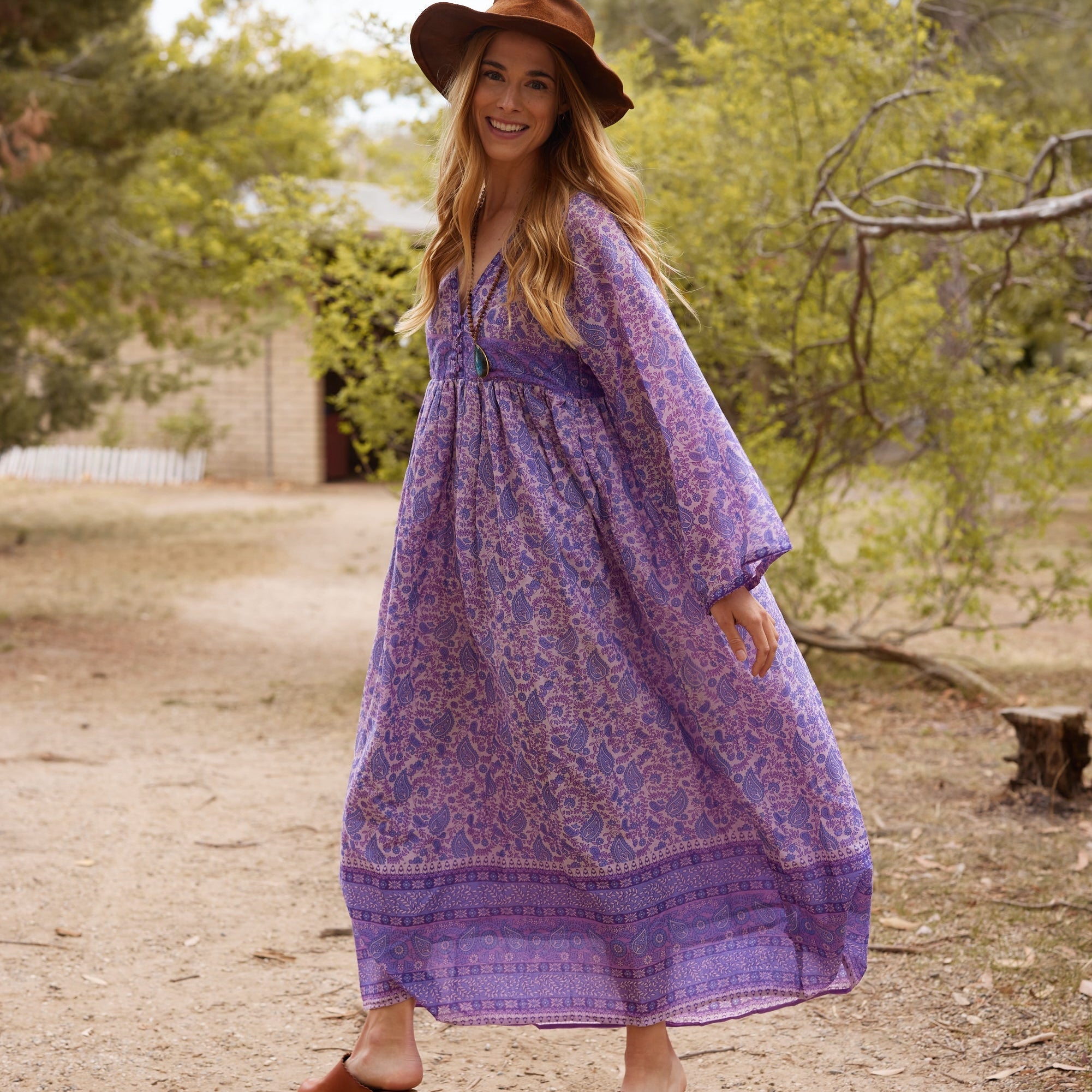 Jade Printed Maxi Dress With Butterfly Sleeves Lavender