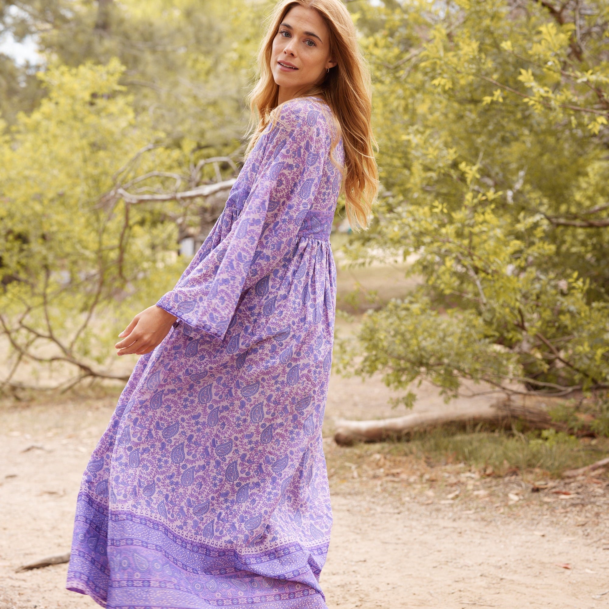 Jade Printed Maxi Dress With Butterfly Sleeves Lavender