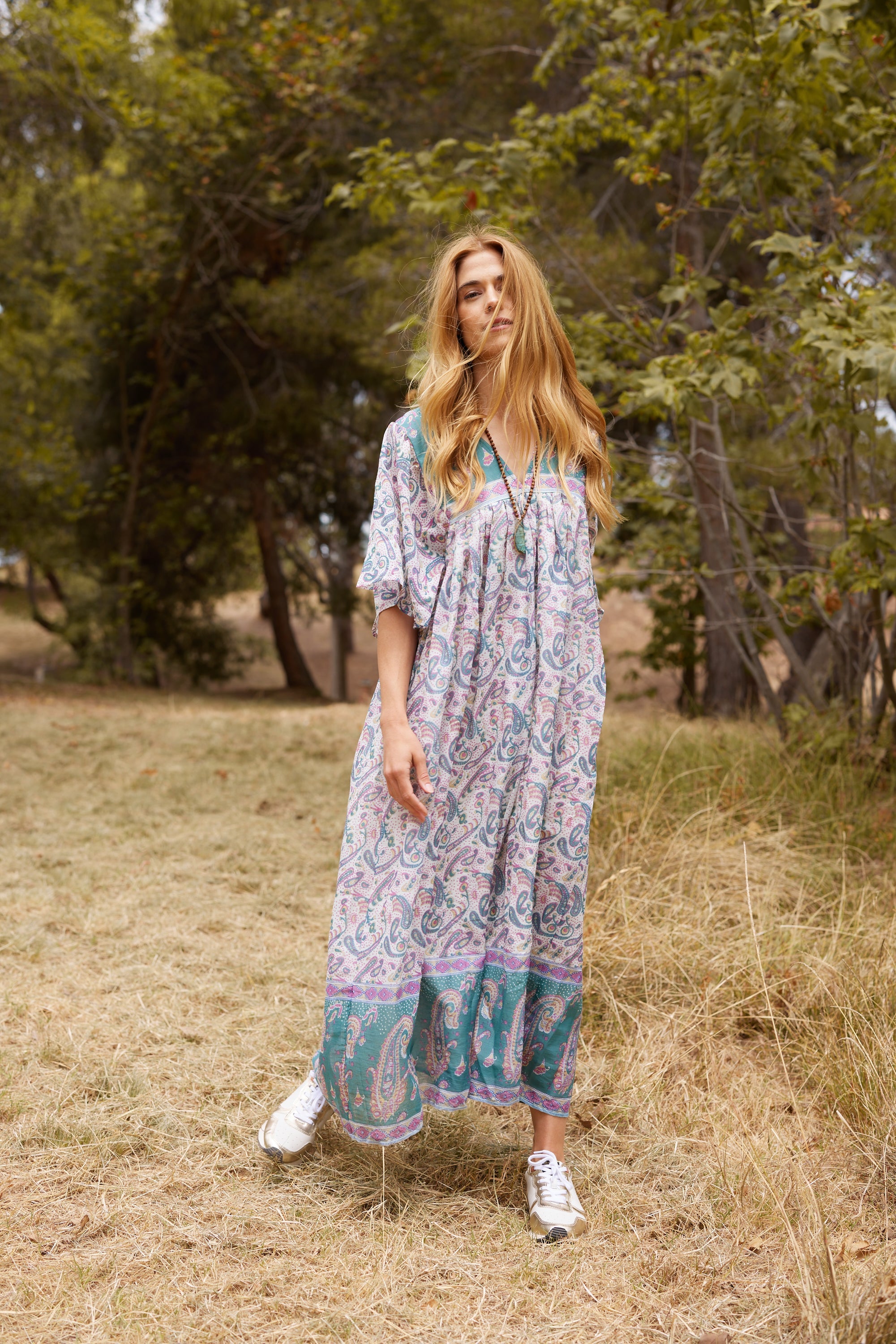 Petal Printed Long Dress Teal