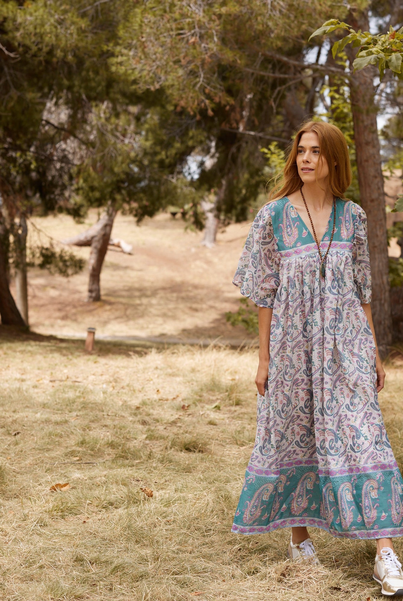 Petal Printed Long Dress Teal