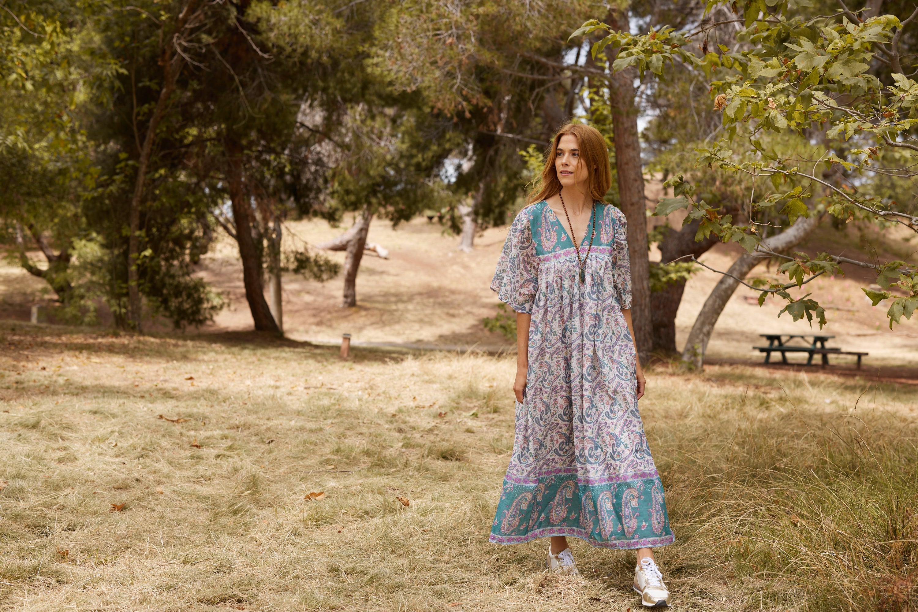 Petal Printed Long Dress Teal