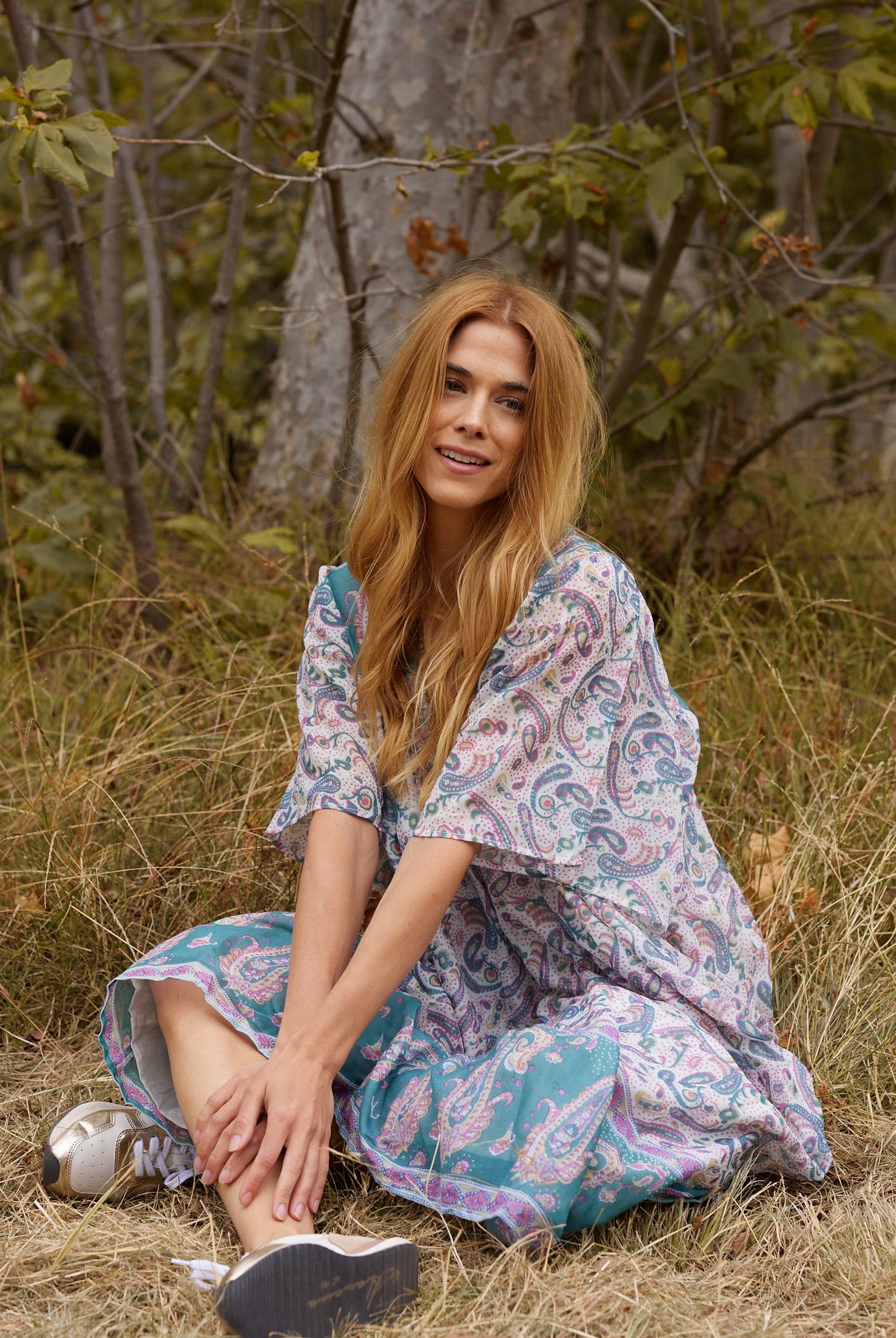 Petal Printed Long Dress Teal