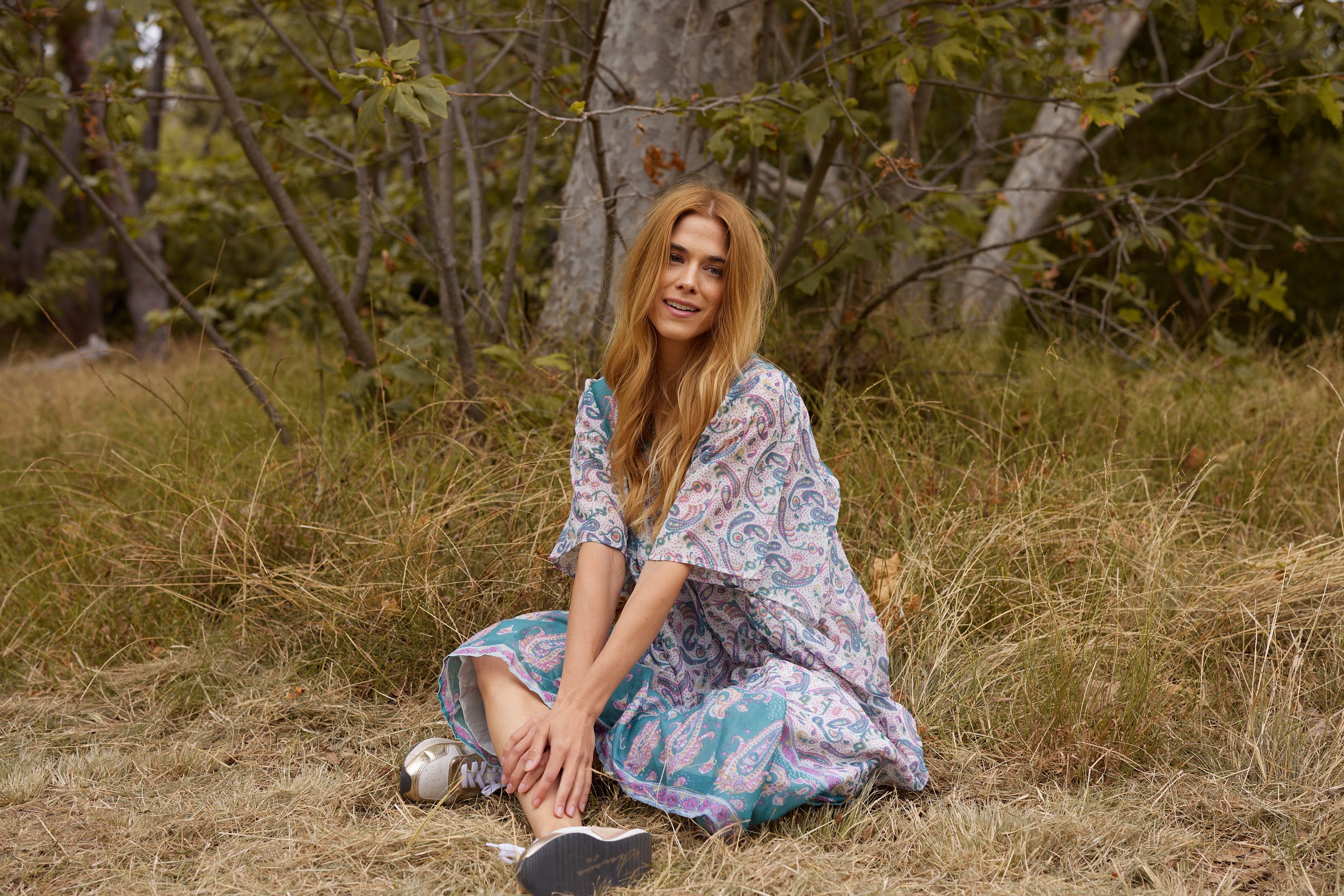 Petal Printed Long Dress Teal