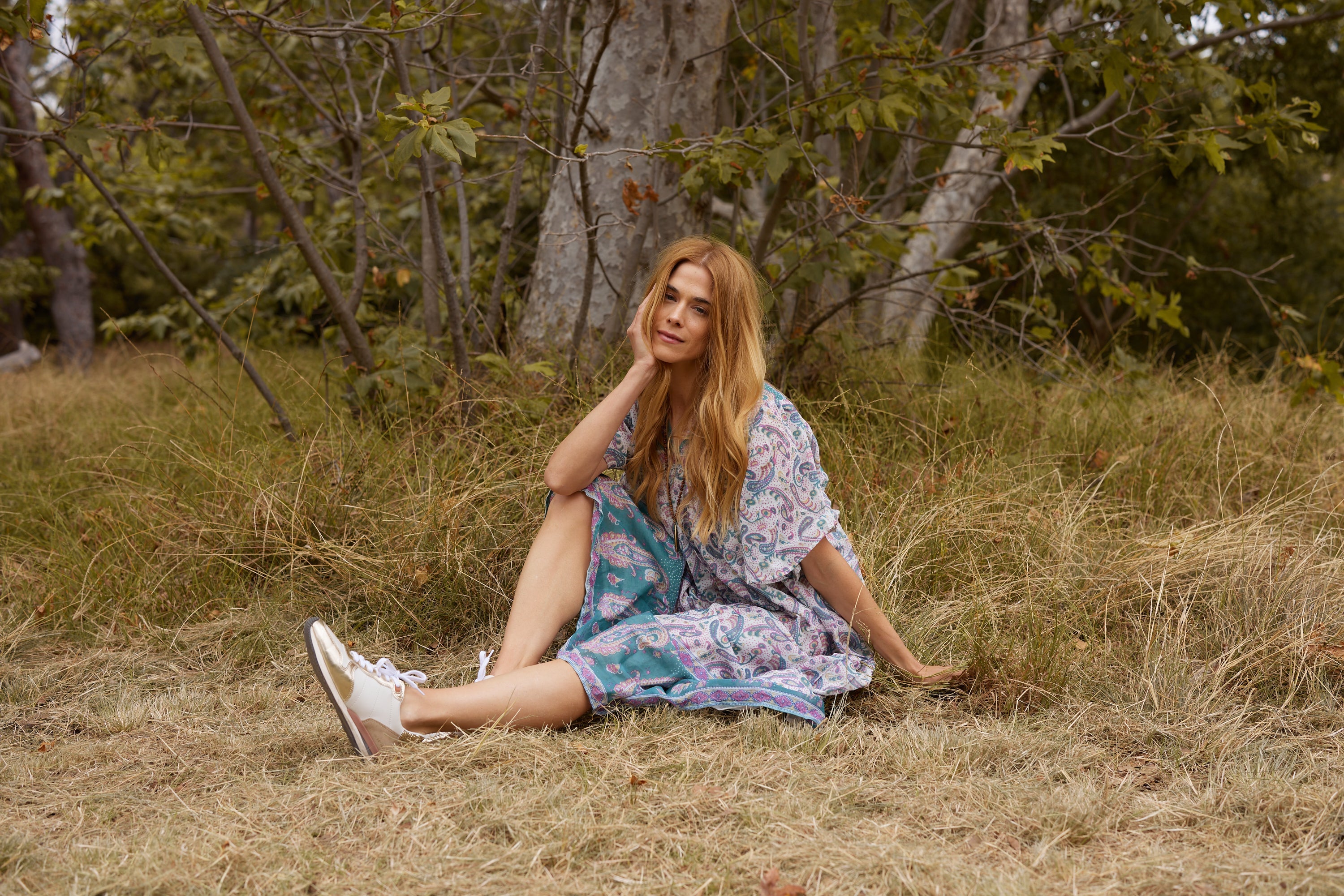 Petal Printed Long Dress Teal