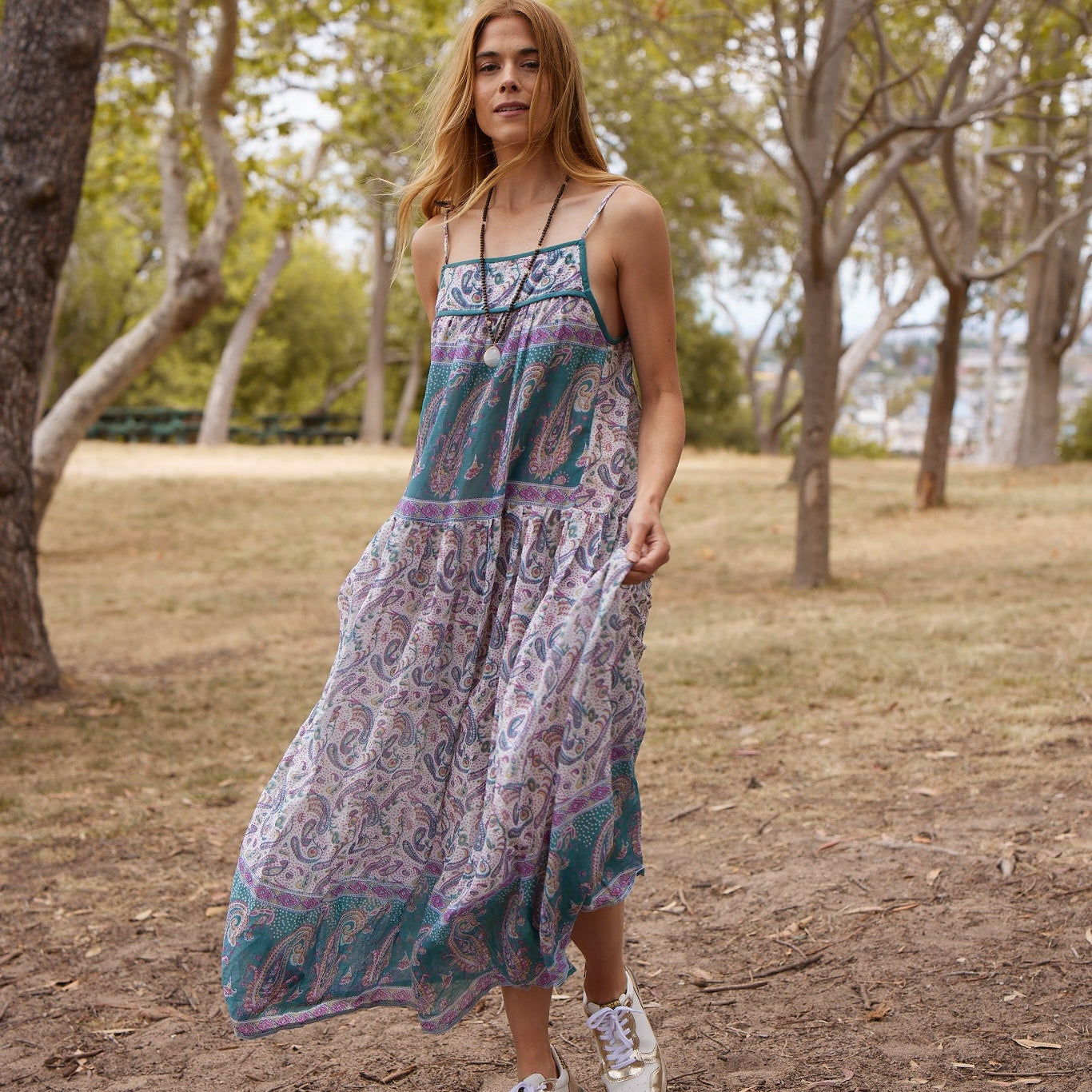 Betsy Printed Maxi Tank Dress With Tassels Teal