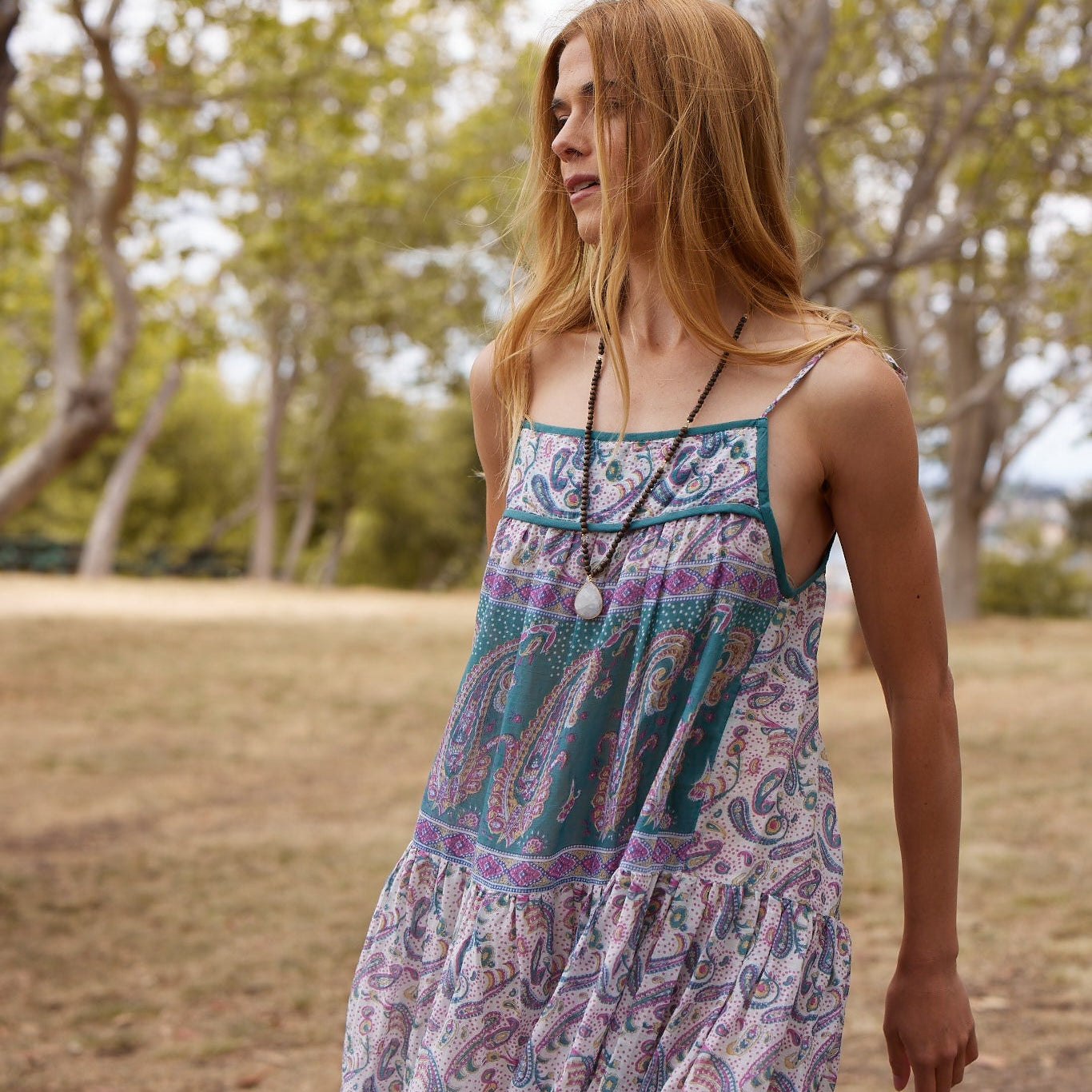 Betsy Printed Maxi Tank Dress With Tassels Teal