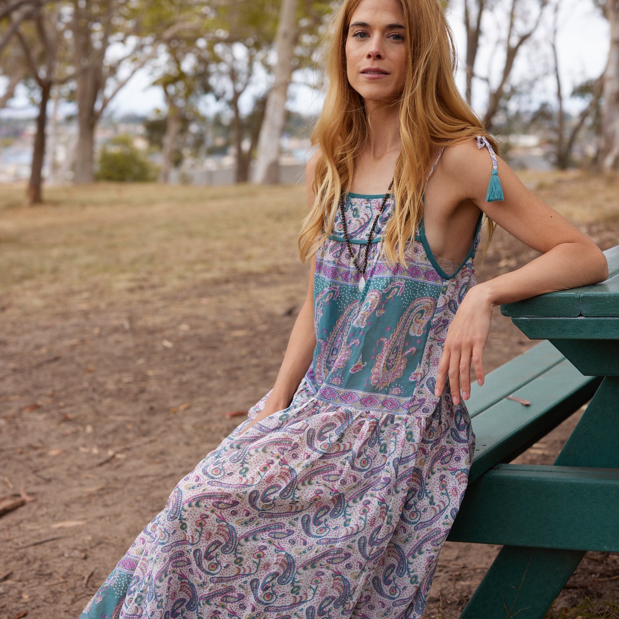 Betsy Printed Maxi Tank Dress With Tassels Teal
