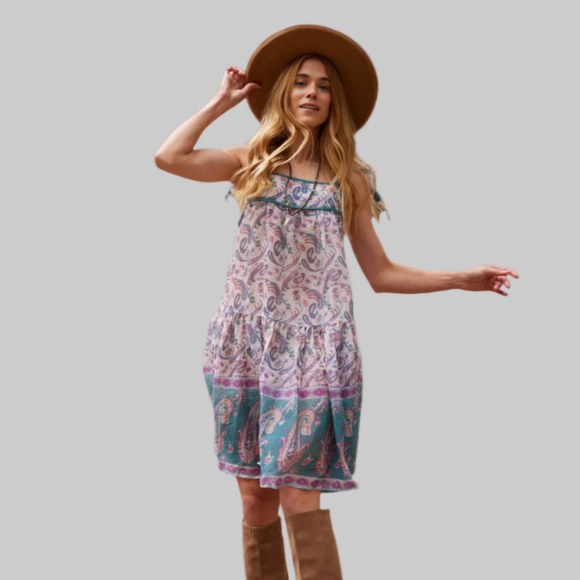Betsy Printed Short Tank Dress With Tassels Teal