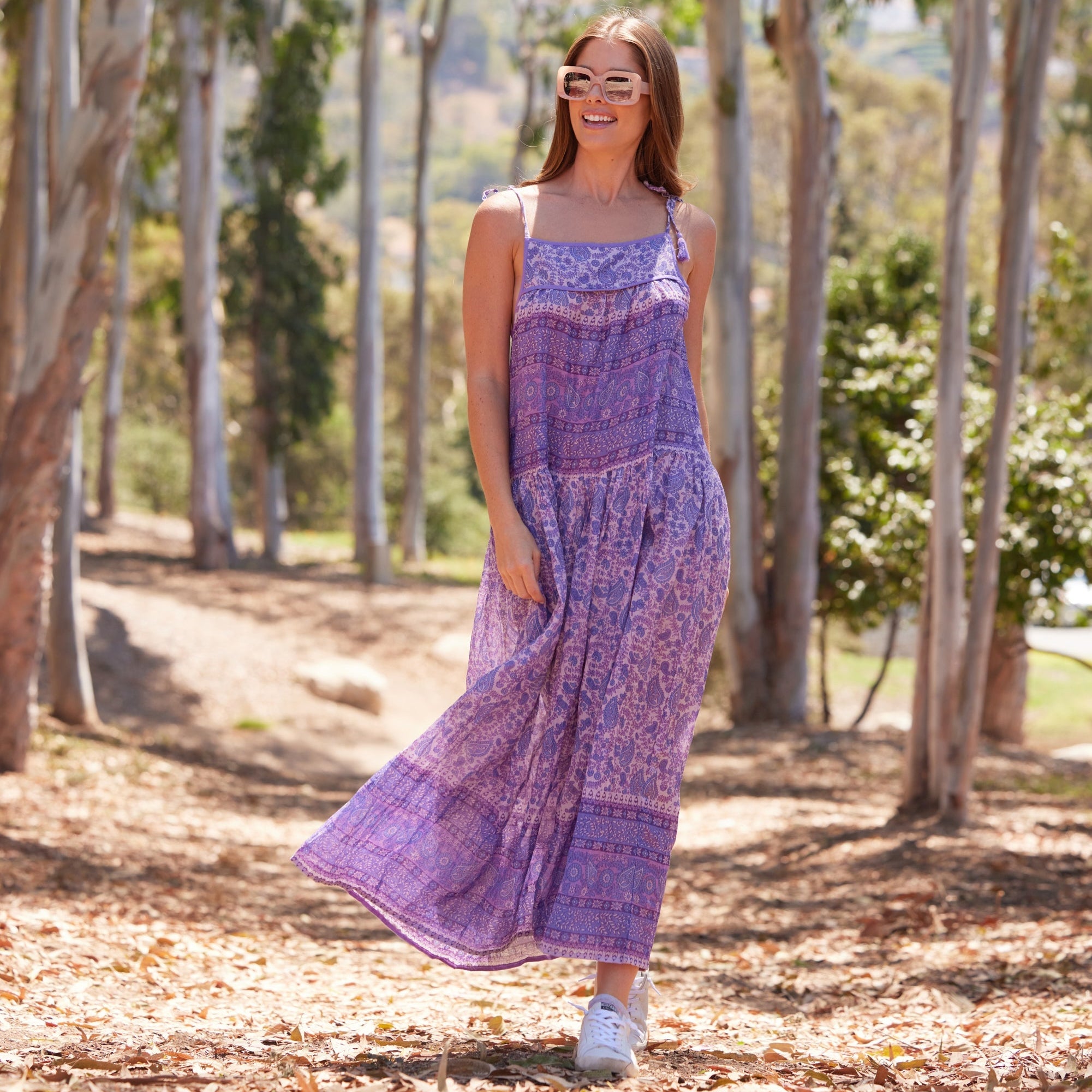 Betsy Printed Maxi Tank Dress With Tassels Lavender