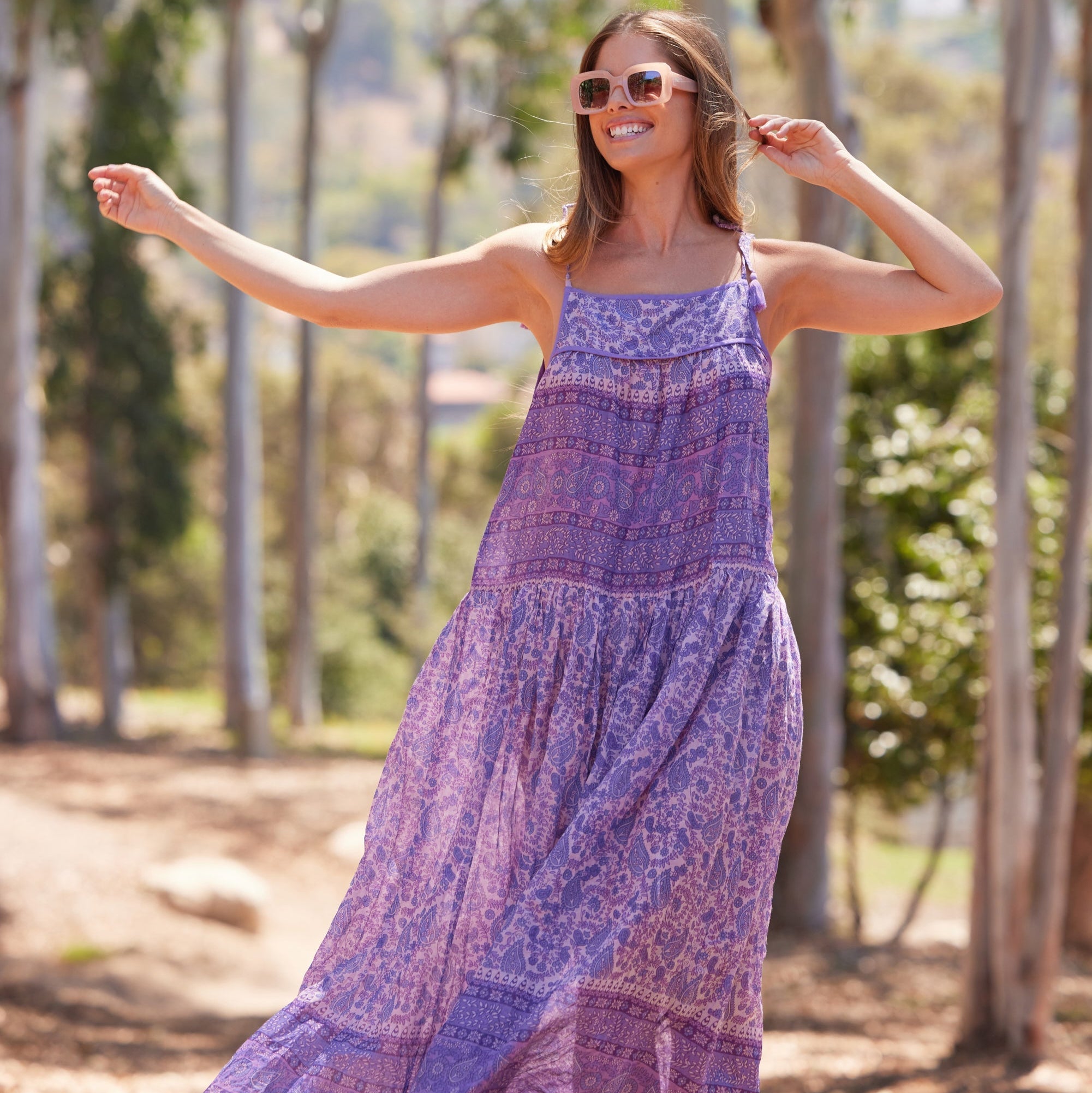 Betsy Printed Maxi Tank Dress With Tassels Lavender