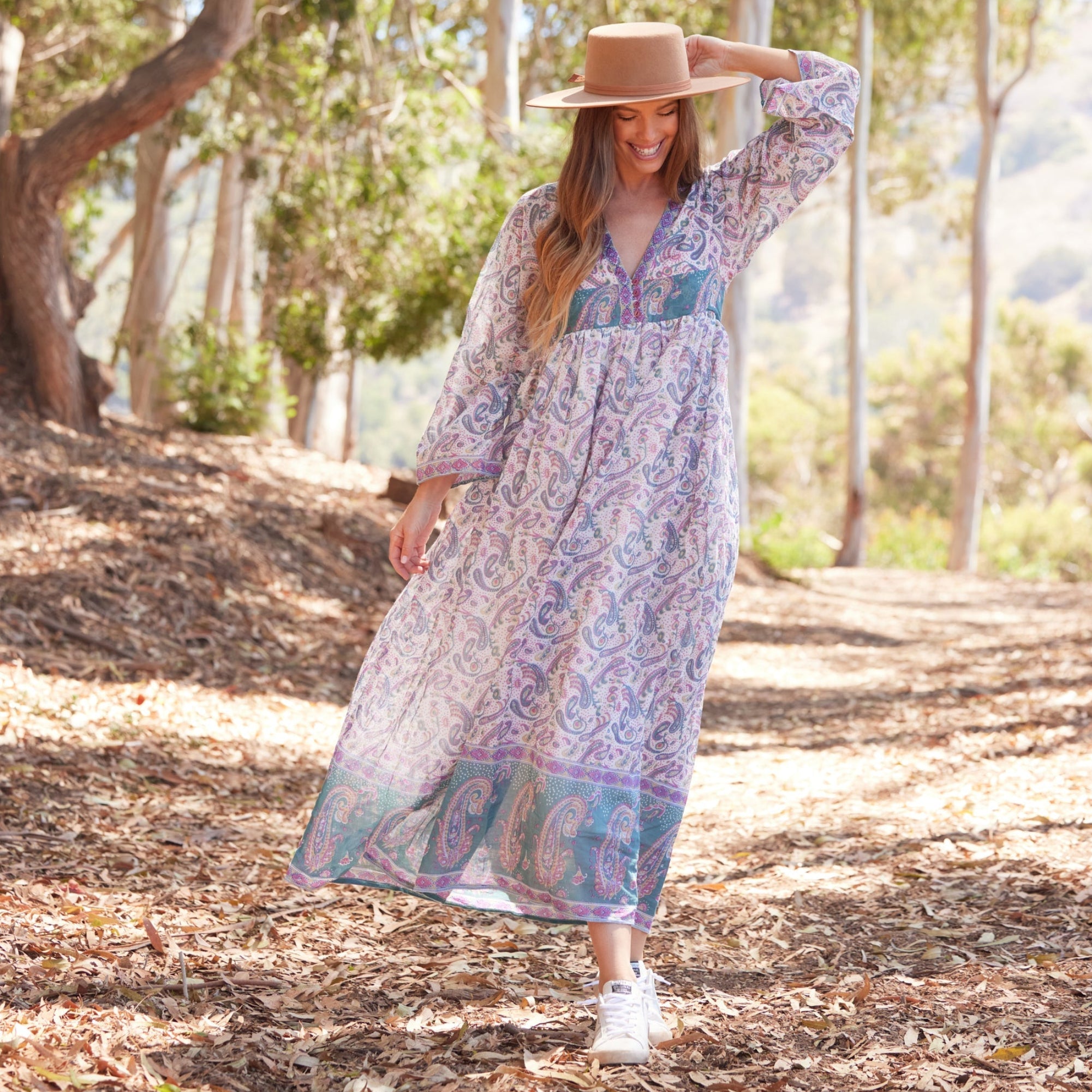 Jade Printed Maxi Dress With Butterfly Sleeves Teal