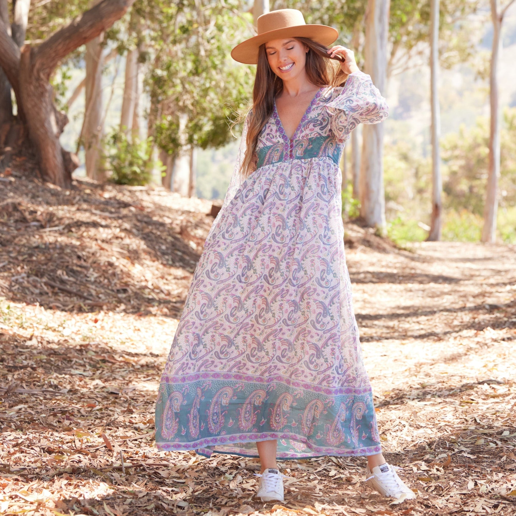 Jade Printed Maxi Dress With Butterfly Sleeves Teal