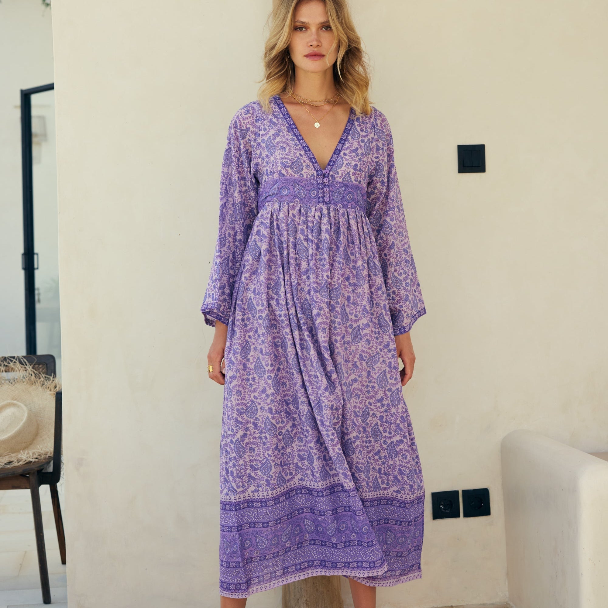 Jade Printed Maxi Dress With Butterfly Sleeves Lavender S M
