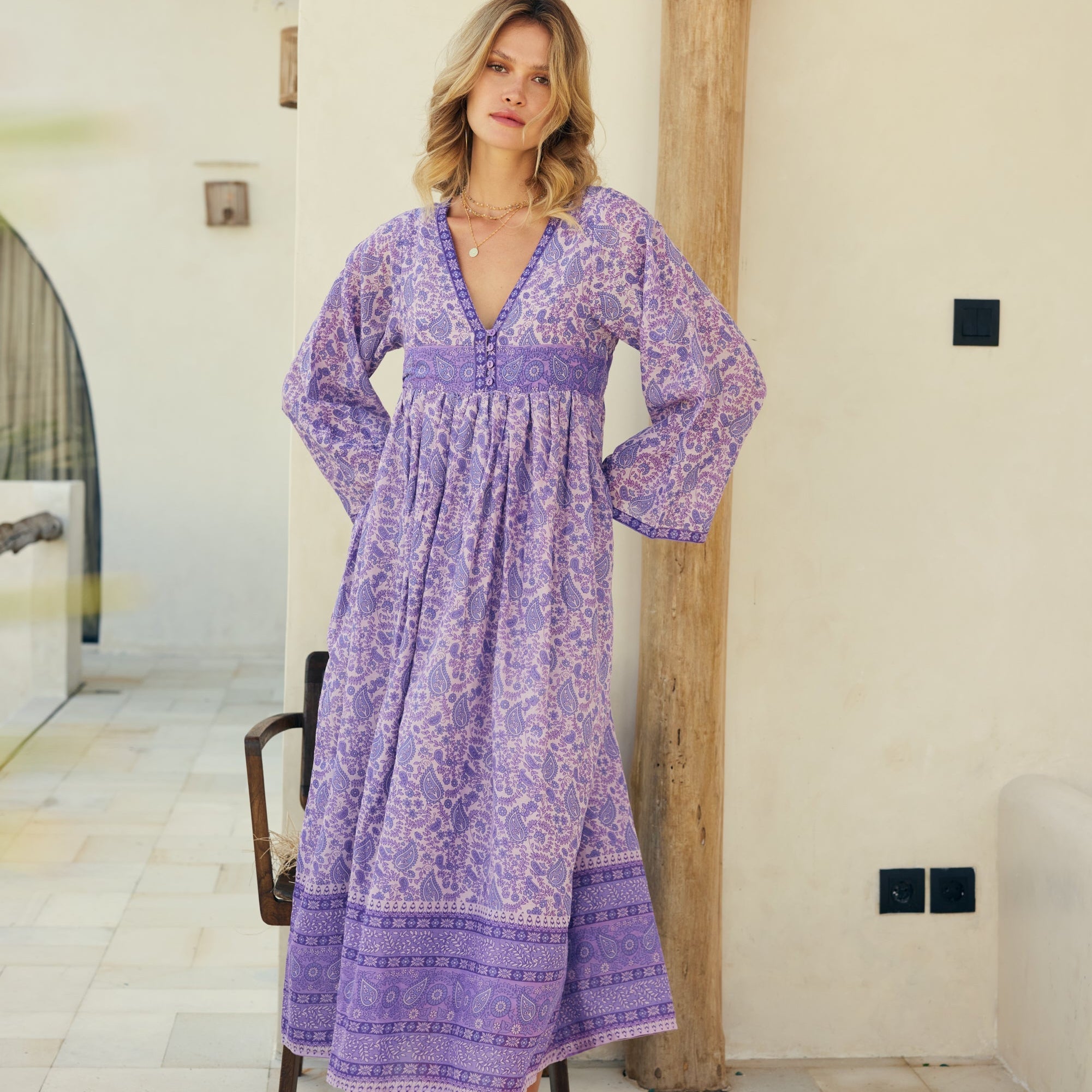 Jade Printed Maxi Dress With Butterfly Sleeves Lavender M L