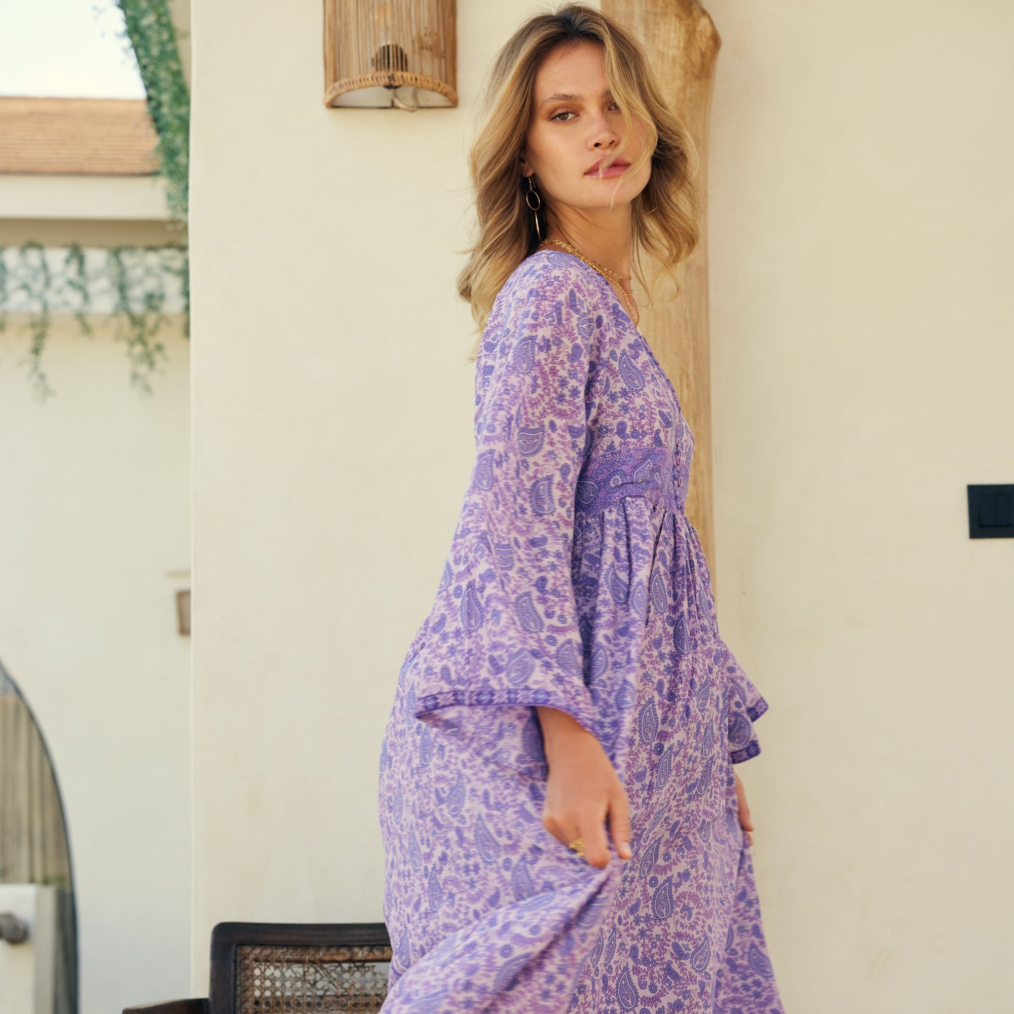 Jade Printed Maxi Dress With Butterfly Sleeves Lavender