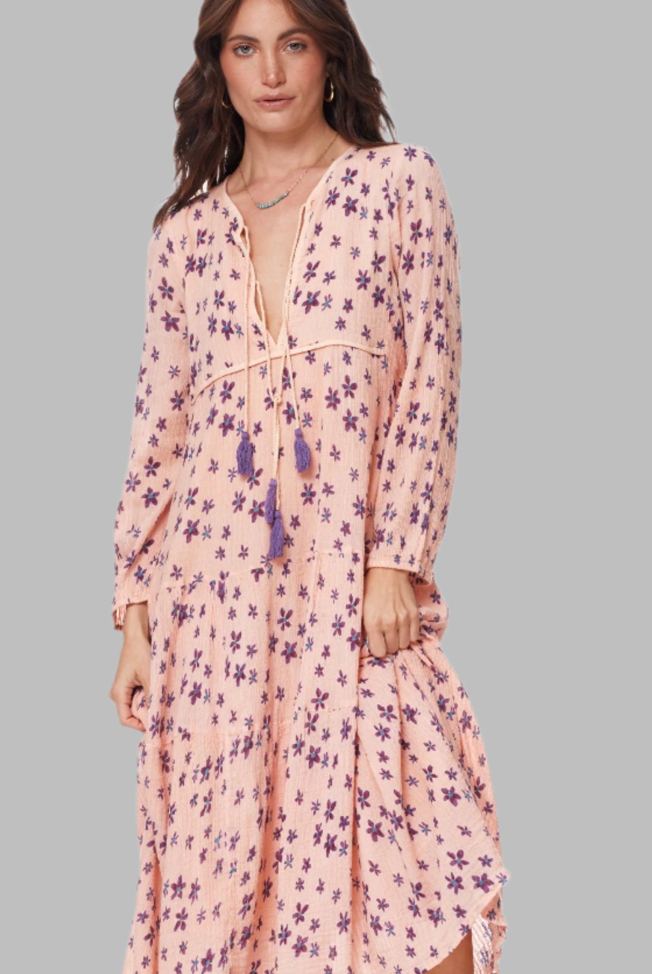 Marisa Printed Midi Dress Long Sleeve With Tassels Coral/Purple
