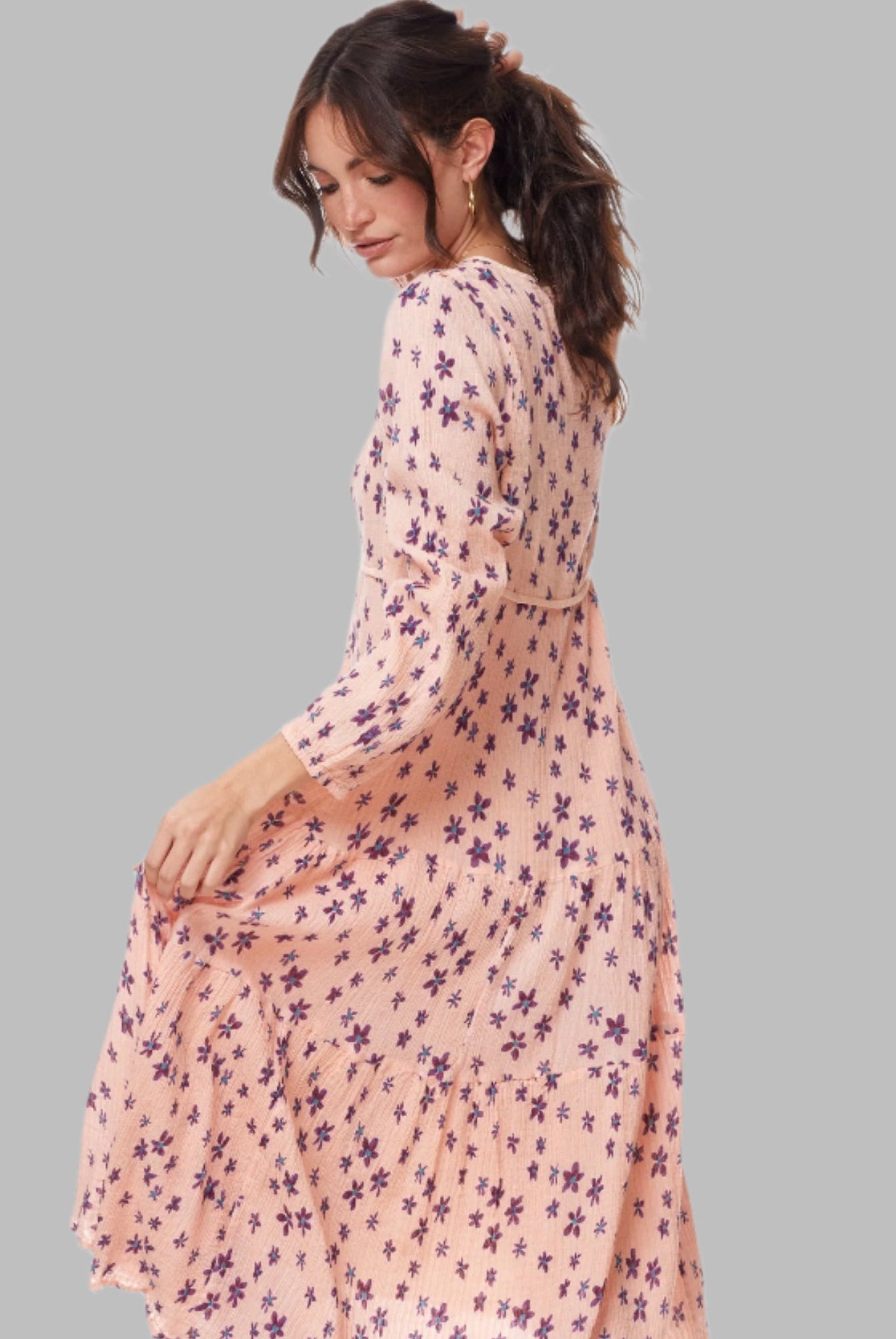 Marisa Printed Midi Dress Long Sleeve With Tassels Coral/Purple