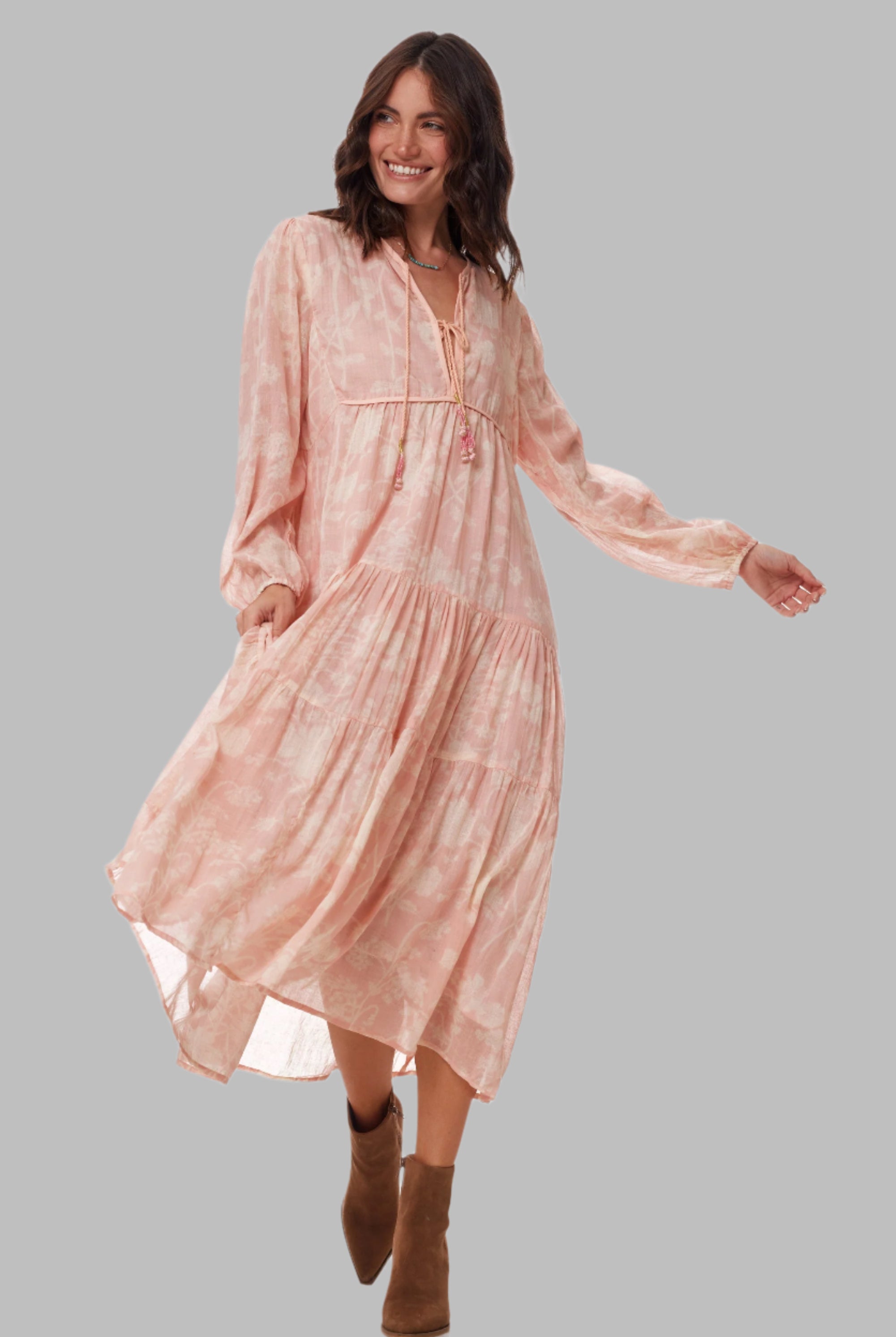 Kayla Printed Long Dress Coral M