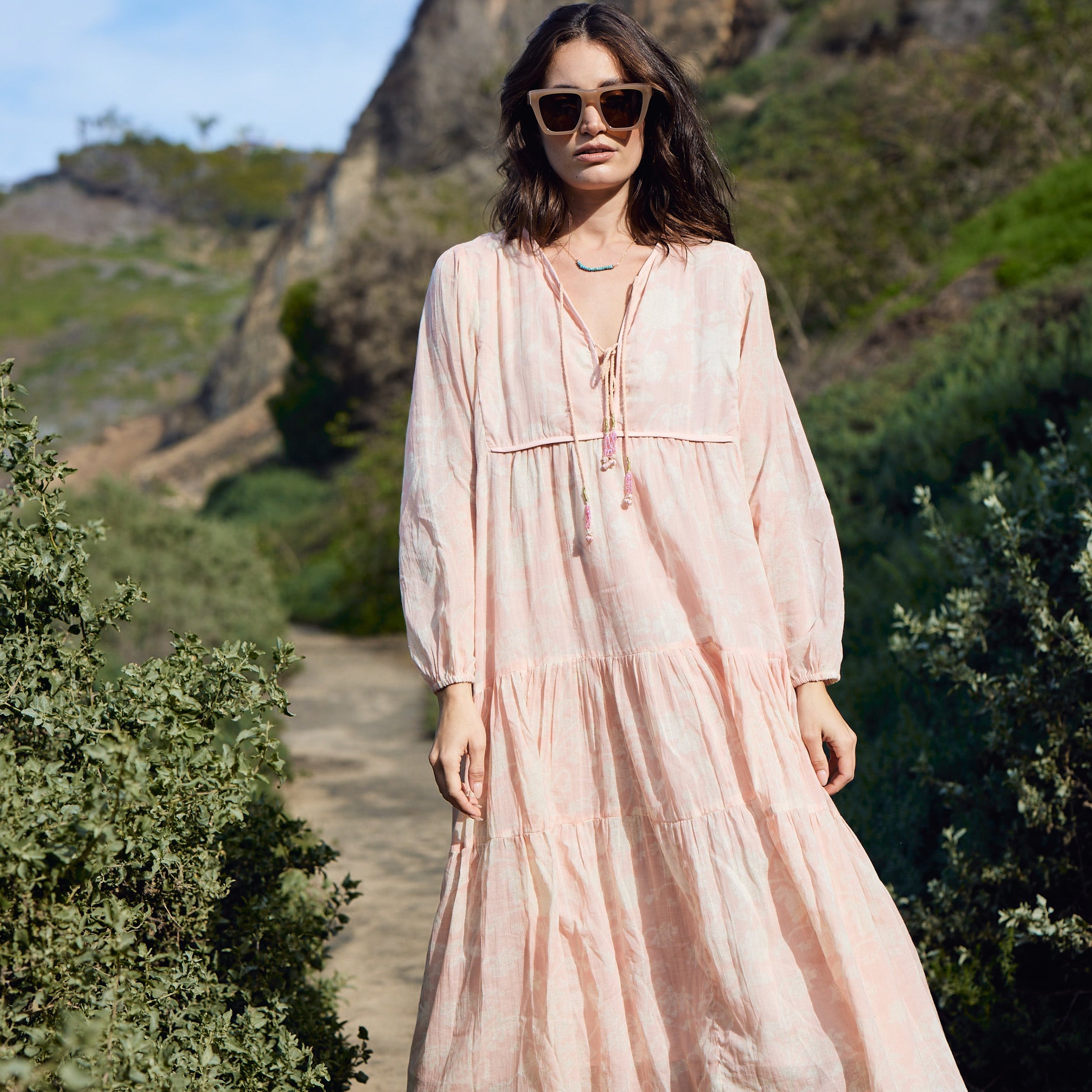 Kayla Printed Long Dress With Beaded Tassels Coral M