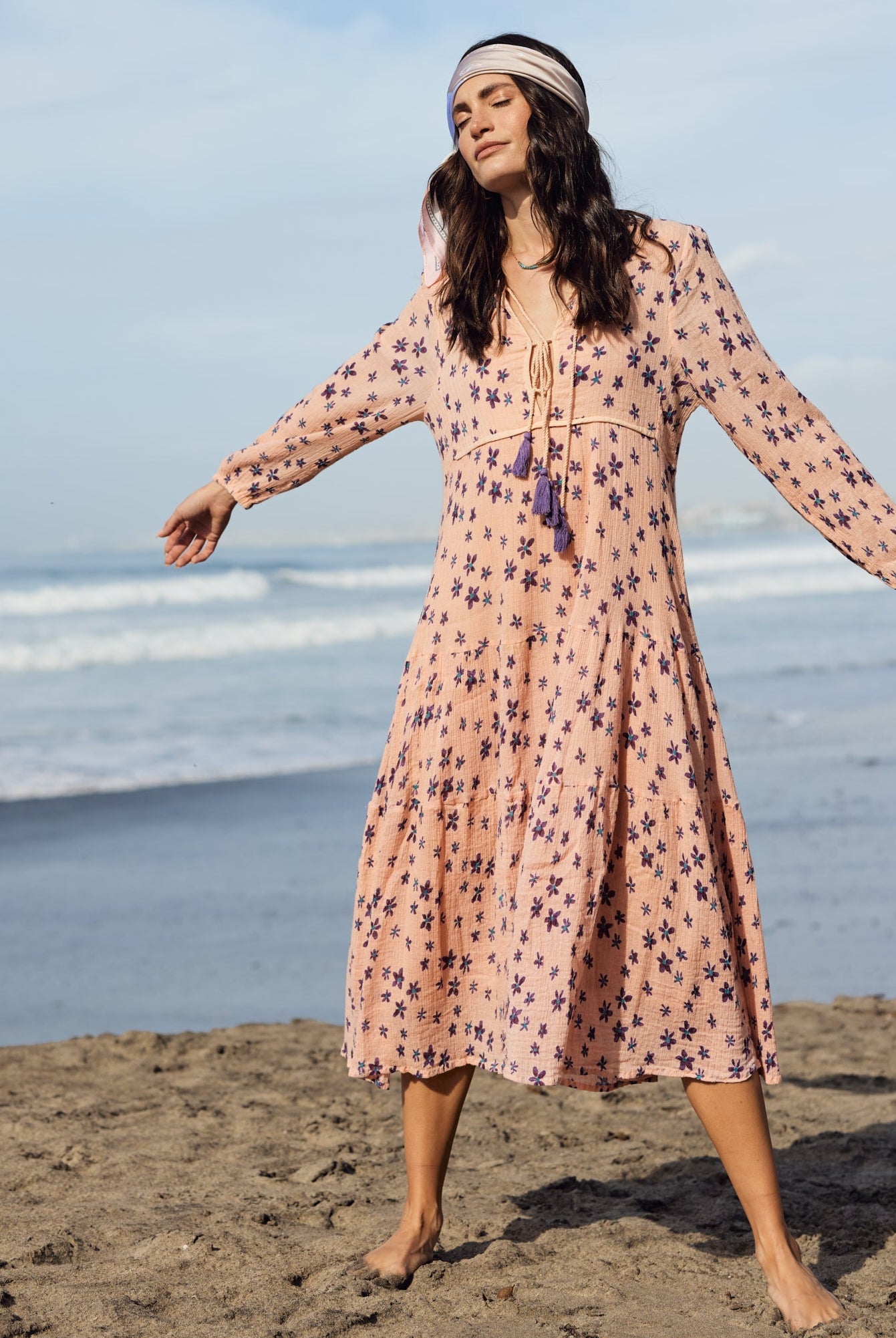 Marisa Printed Midi Dress Long Sleeve With Tassels Coral/Purple